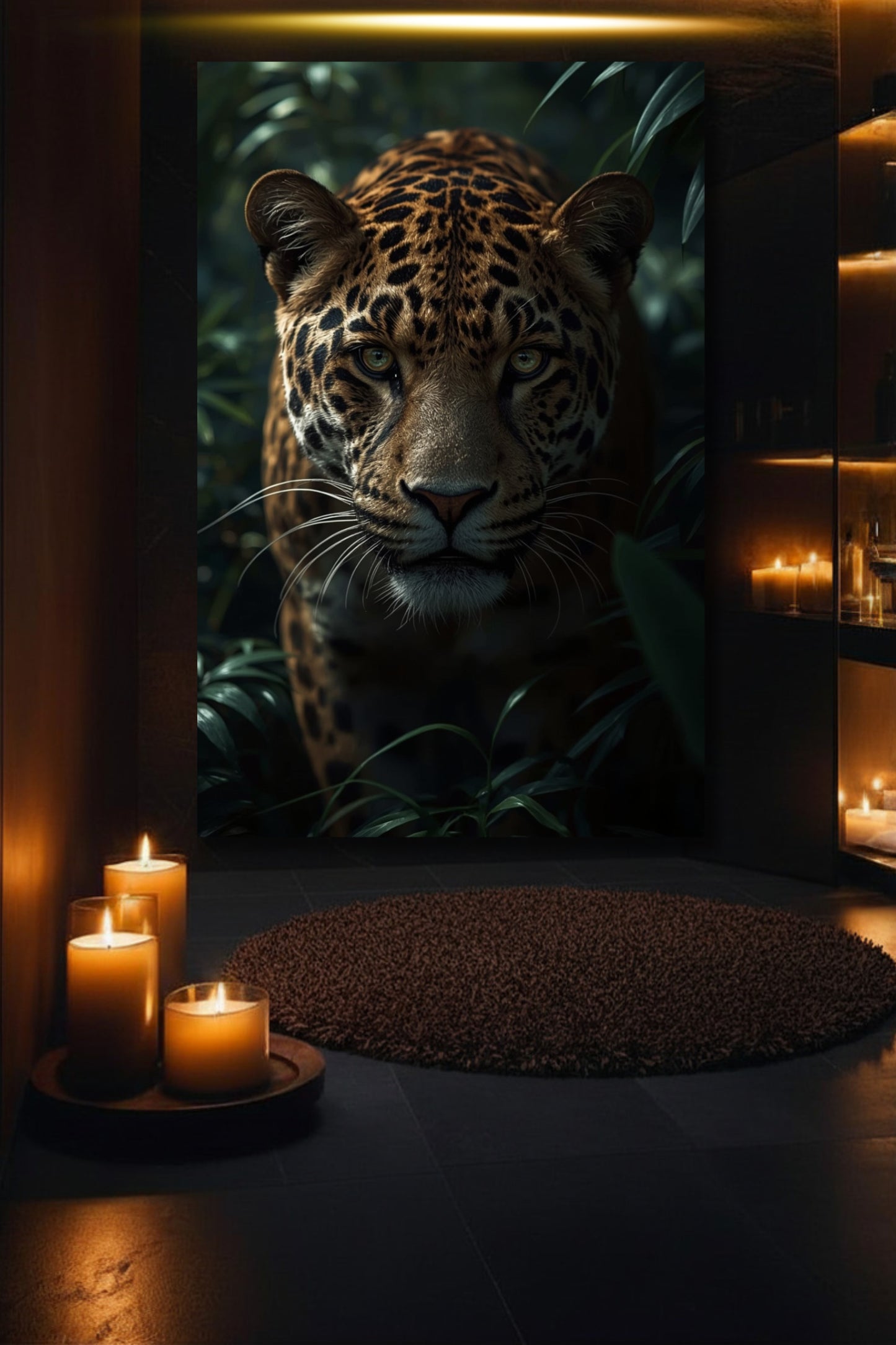 Jaguar Leinwand in luxuriösem Badezimmer mit Kerzenlicht und ruhiger Atmosphäre
