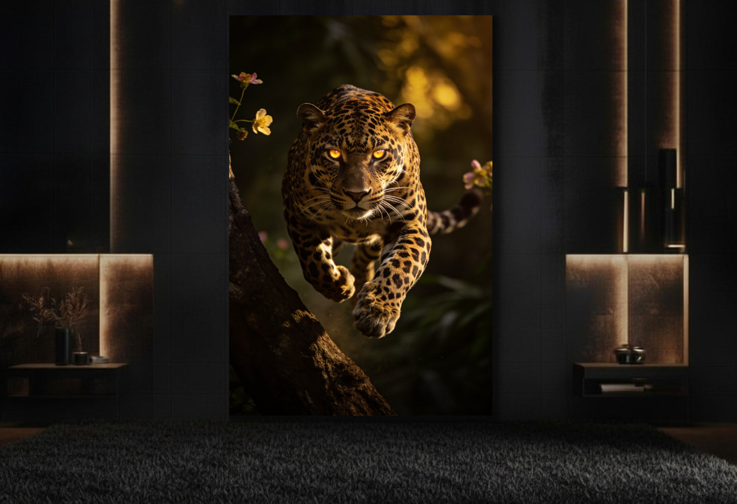 Jaguar Leinwand in elegantem Lounge Bereich mit dunklem Ambiente 