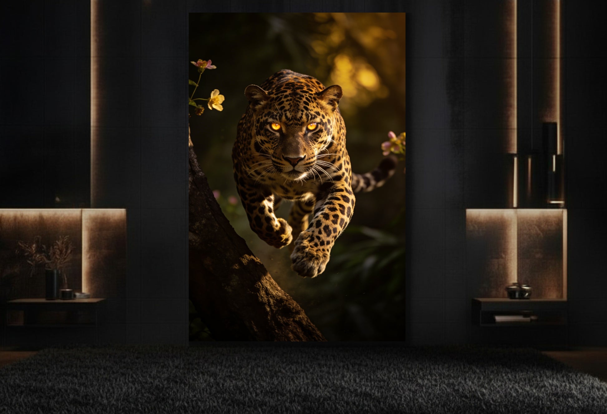 Jaguar Leinwand in elegantem Lounge Bereich mit dunklem Ambiente 