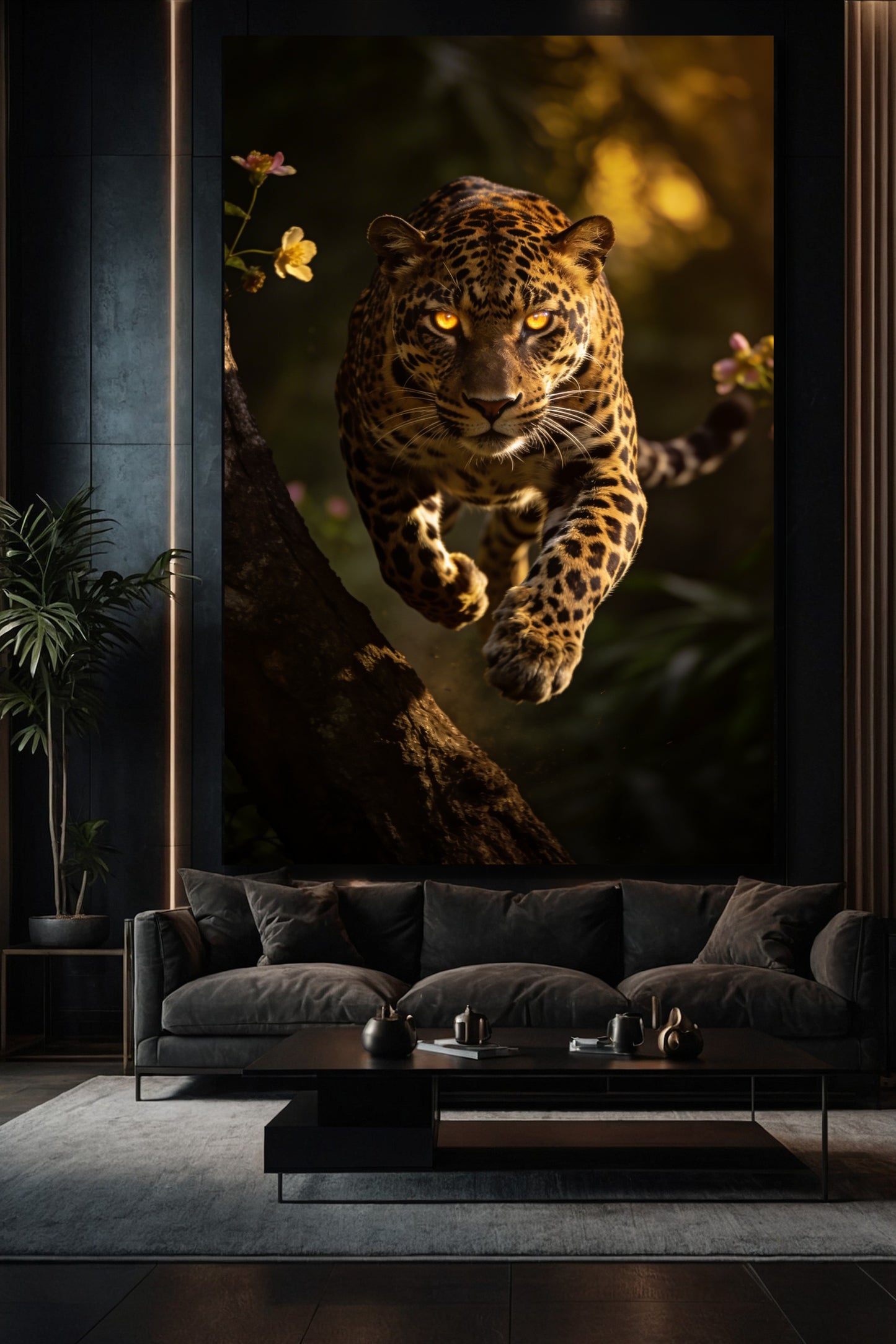 Jaguar Leinwand über einem Sofa in einem elegantem Wohnzimmer mit dunkler Wand und warmem Licht 