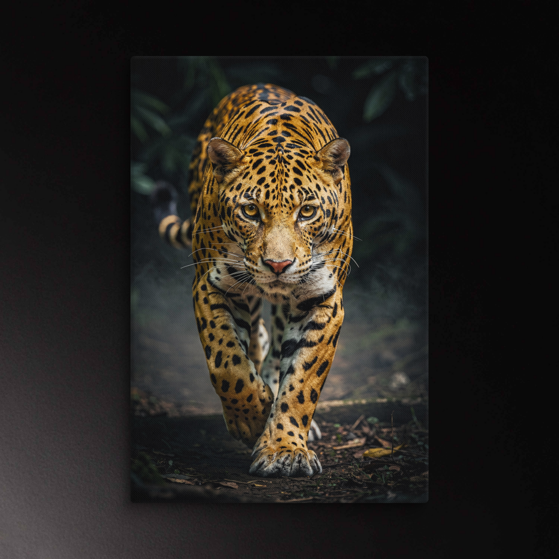 Jaguar Leinwand Wandkunst mit frontal laufendem Jaguar und intensiver Fellstruktur im dunklen Hintergrund