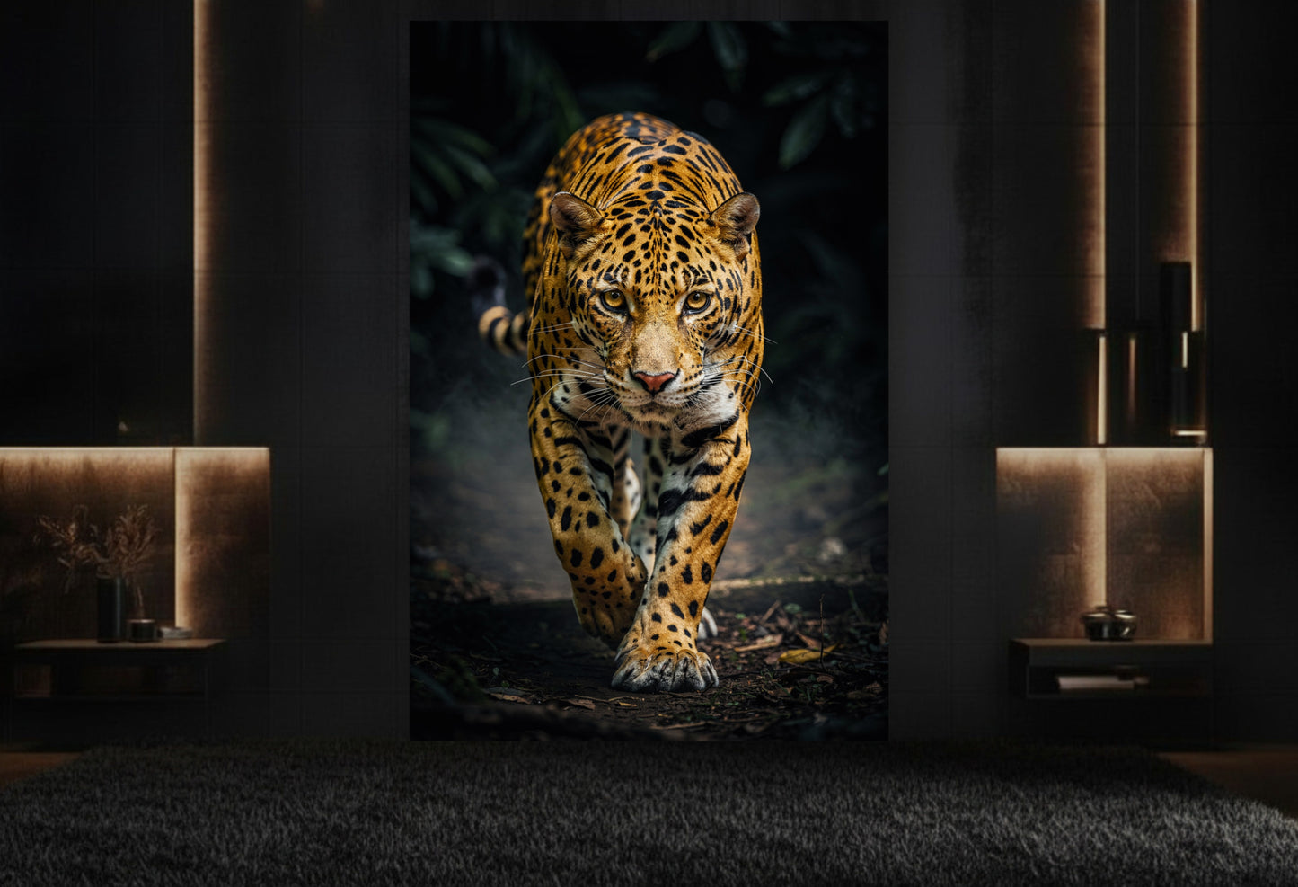 Frontal laufender Jaguar als Wandkunst auf Leinwand 32x48 Zoll in elegantem Lounge Bereich mit dunkler Wand und Messingakzenten