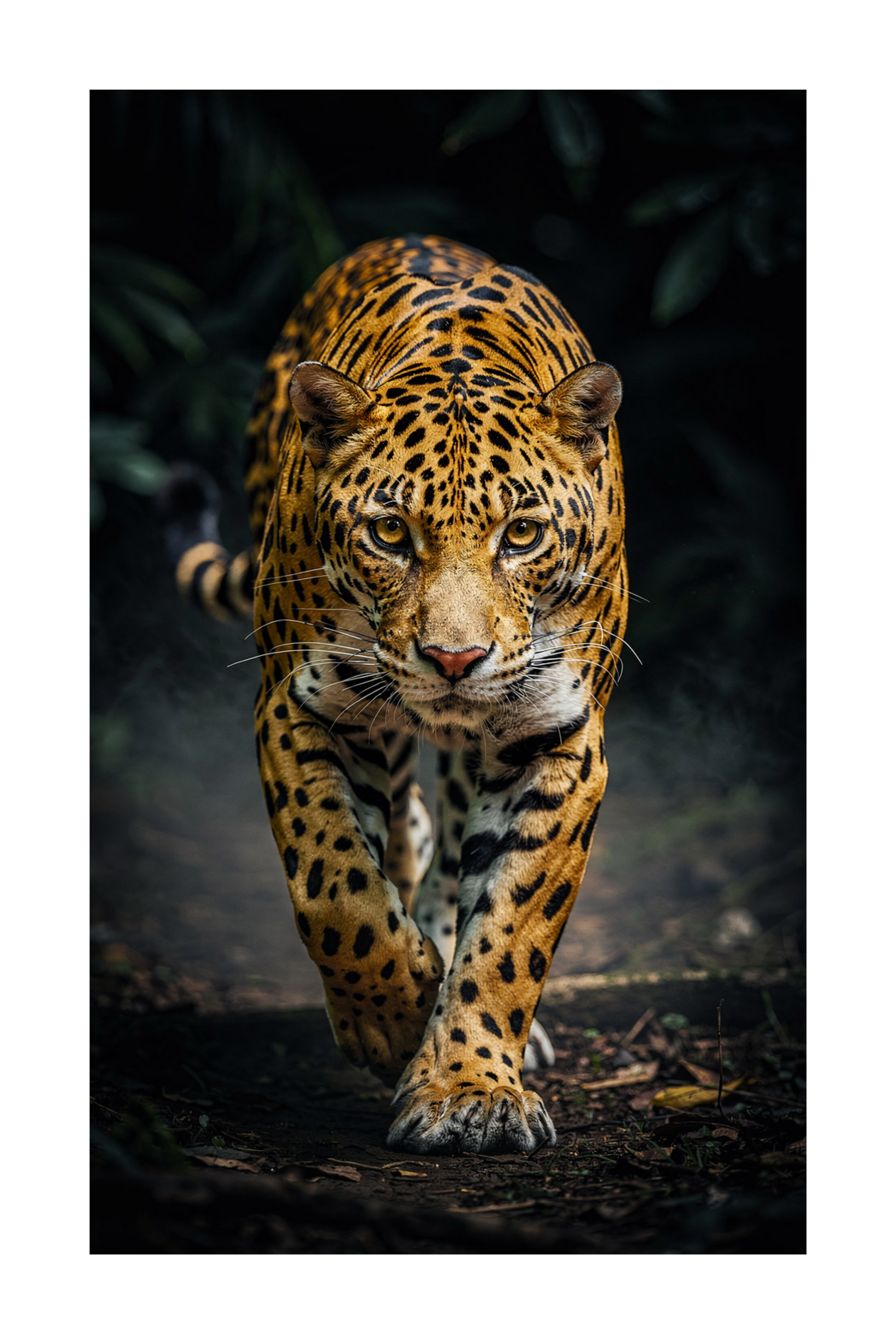 Freigestellte Jaguar Leinwand Wandkunst mit frontal laufendem Jaguar