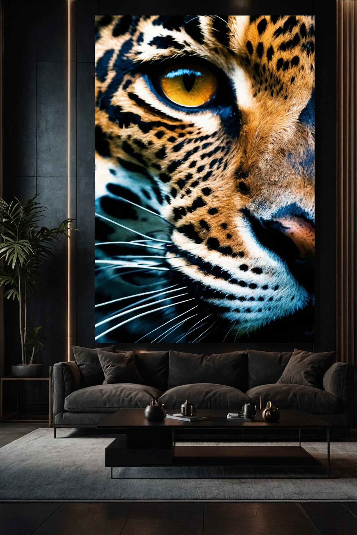 Jaguar Leinwand 32x48 Zoll in elegantem Wohnzimmer, direkter Blick mit goldenem Auge, warme Lichtstimmung und moderne, elegante Raumwirkung