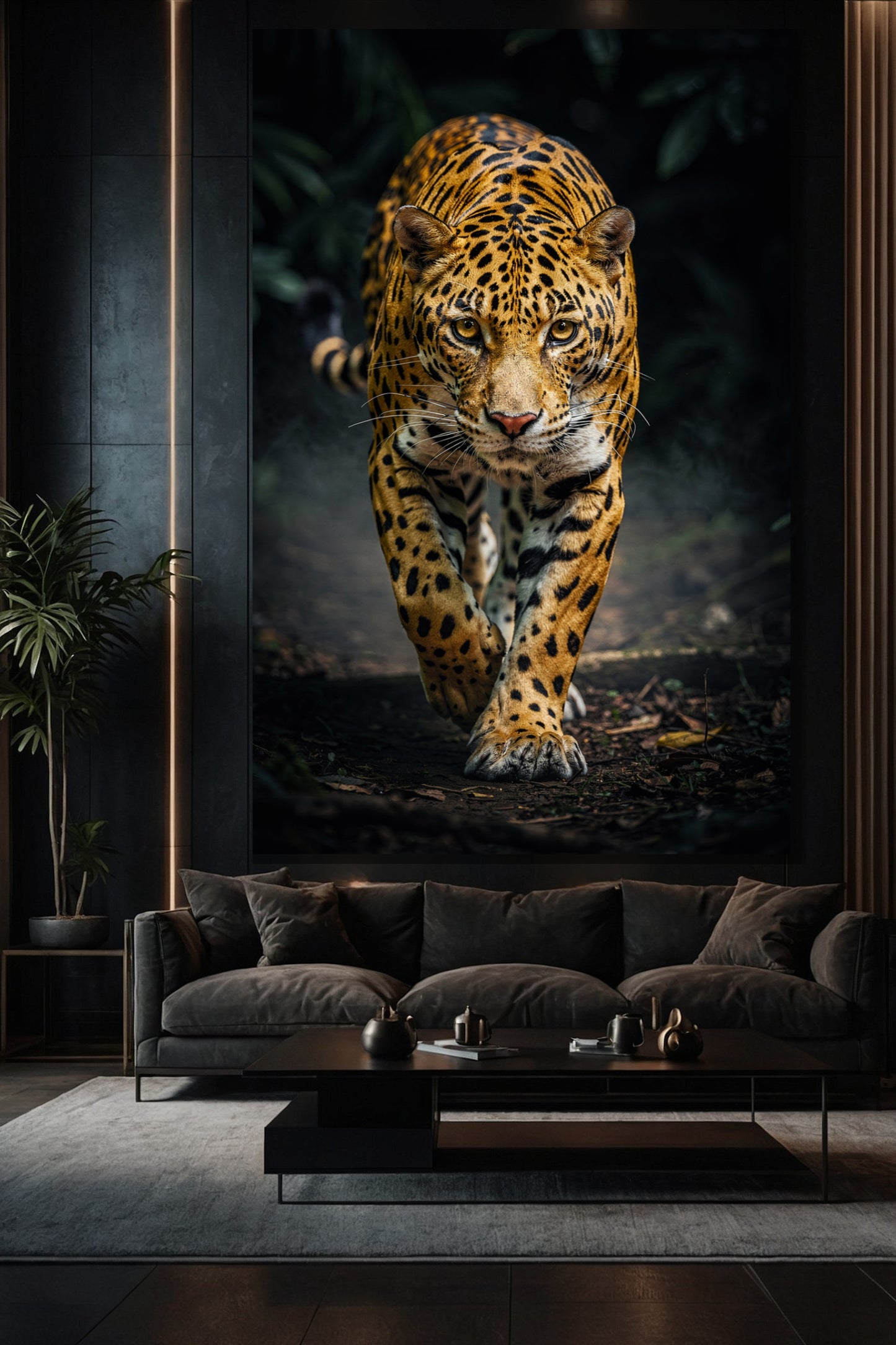 Jaguar Wandkunst auf Leinwand im Format 32x48 Zoll mit frontal laufendem Jaguar und intensiver Fellstruktur im dunklen Hintergrund