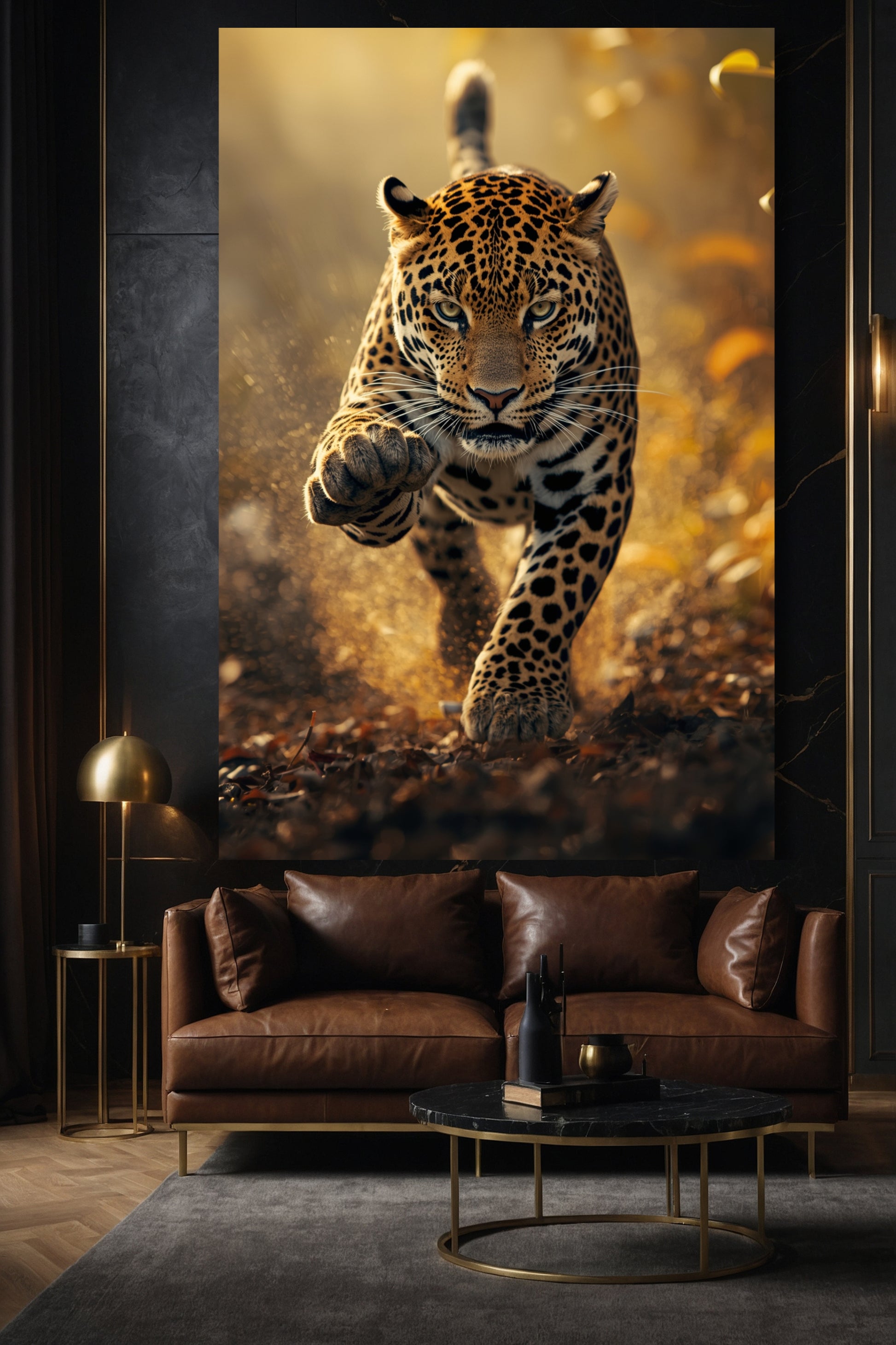 Jaguar in Dynamik und Stärke auf Leinwand in elegantem Wohnzimmer mit dunkler Wand über braunem Ledersofa. 