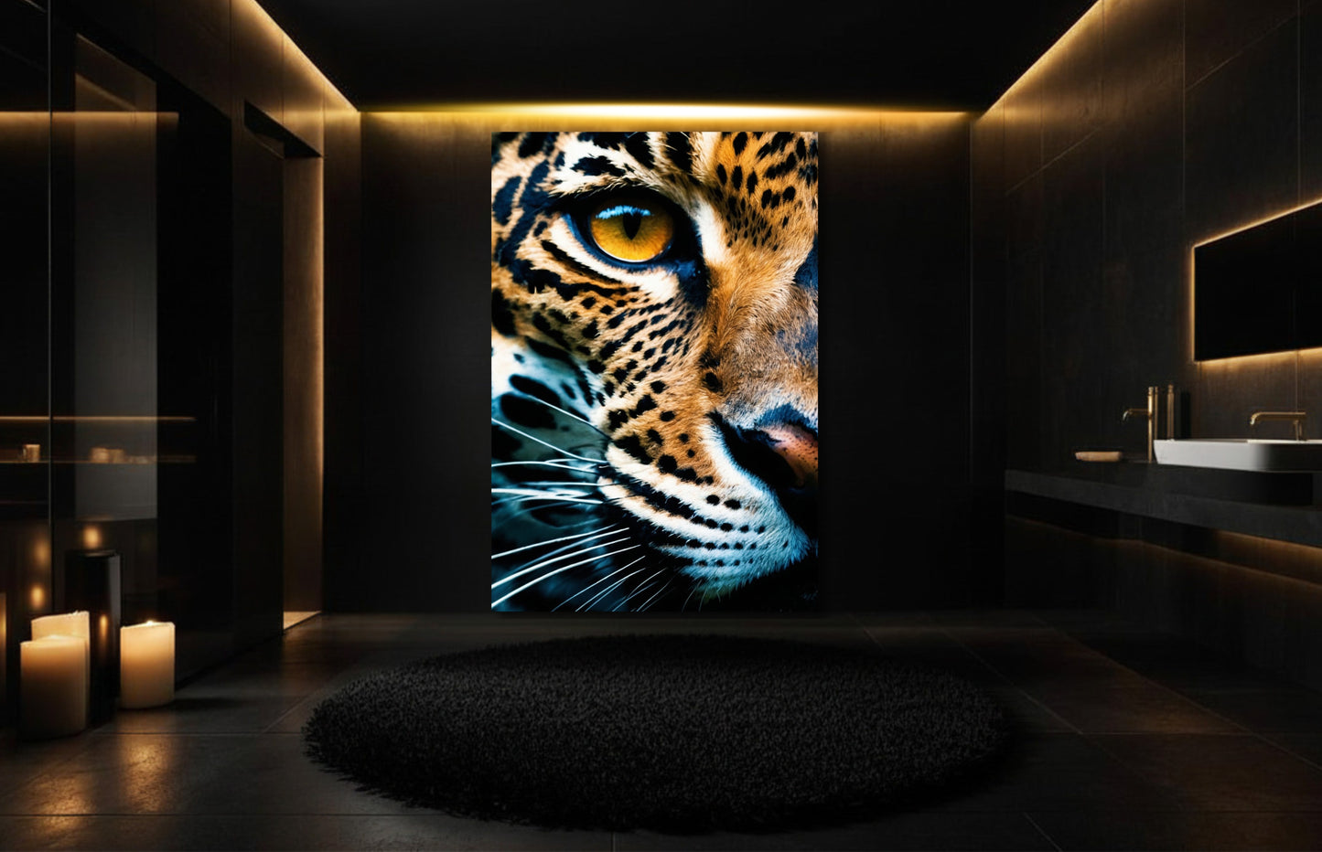 Jaguar mit goldenem Auge und direktem Blick, Wandkunst auf Leinwand im Format 32x48 Zoll in luxuriösem Badezimmer mit dunklen Wänden und warmem Kerzenlicht