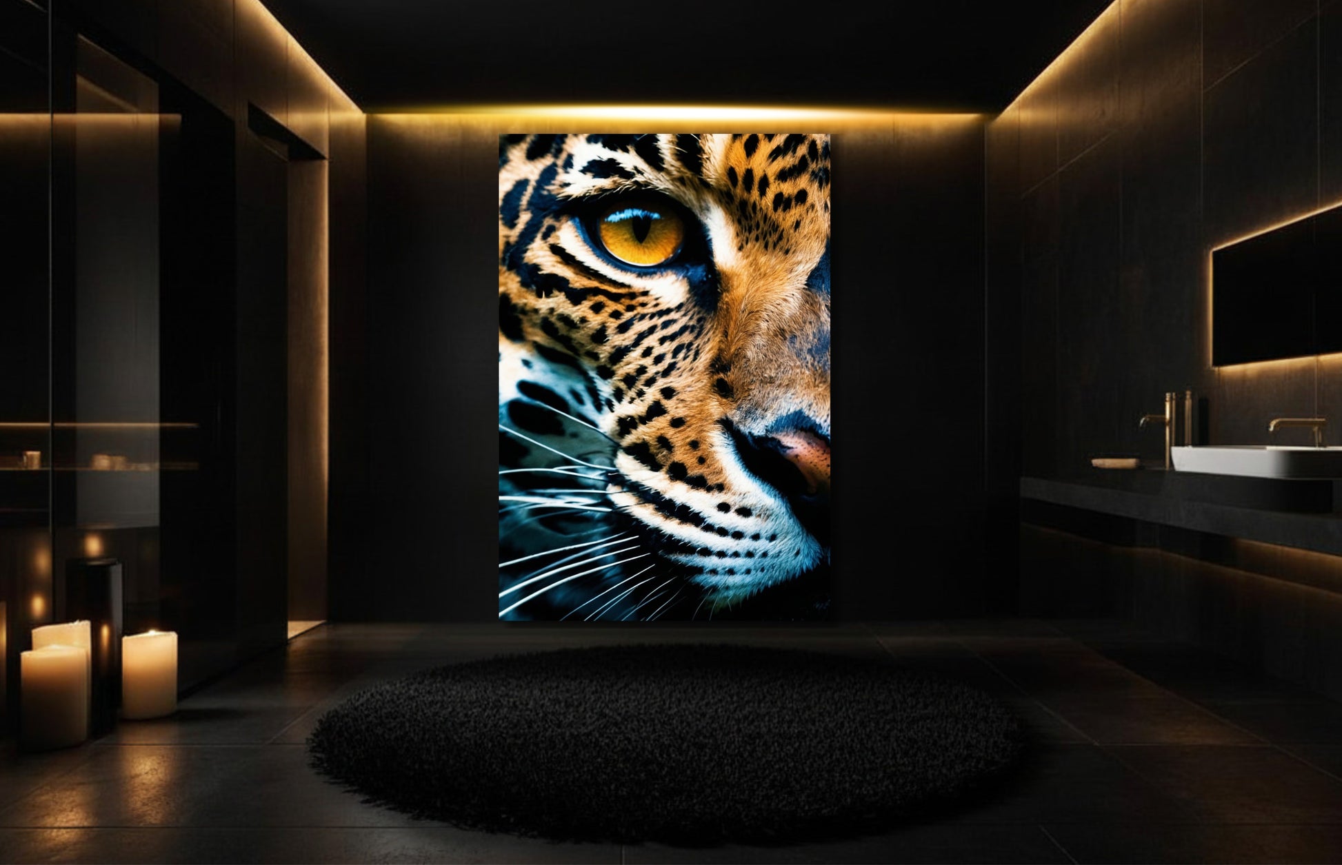Jaguar mit goldenem Auge und direktem Blick, Wandkunst auf Leinwand im Format 32x48 Zoll in luxuriösem Badezimmer mit dunklen Wänden und warmem Kerzenlicht