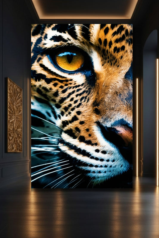 Jaguar Leinwand 32x48 Zoll mit Jaguar in eleganter Galerie, akzentuiert durch warme Lichtführung – ausdrucksstarke Tierdarstellung mit ruhiger Präsenz