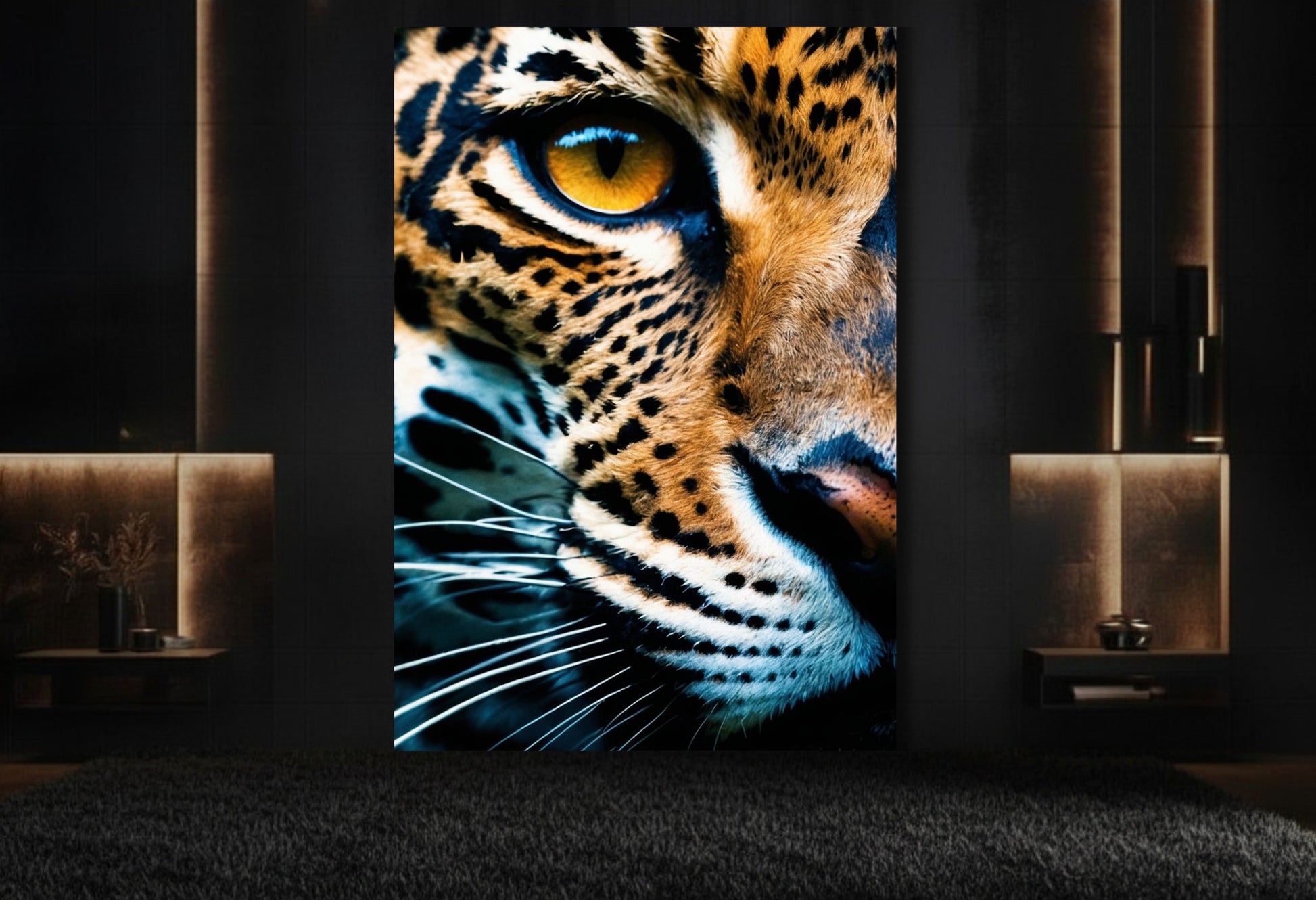 Jaguar Leinwand 32x48 Zoll in stilvollem Lounge Bereich, direkter Blick mit goldenem Auge, akzentuiert durch warme Lichtführung und klare Bildwirkung