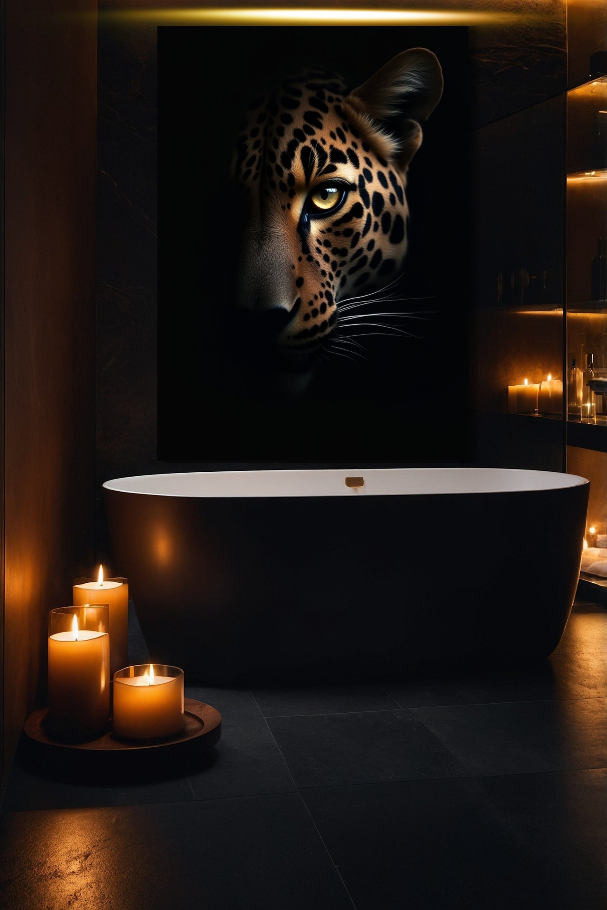 Jaguar Leinwand im Badezimmer mit minimalistischer Gestaltung und kontrastreicher Atmosphäre