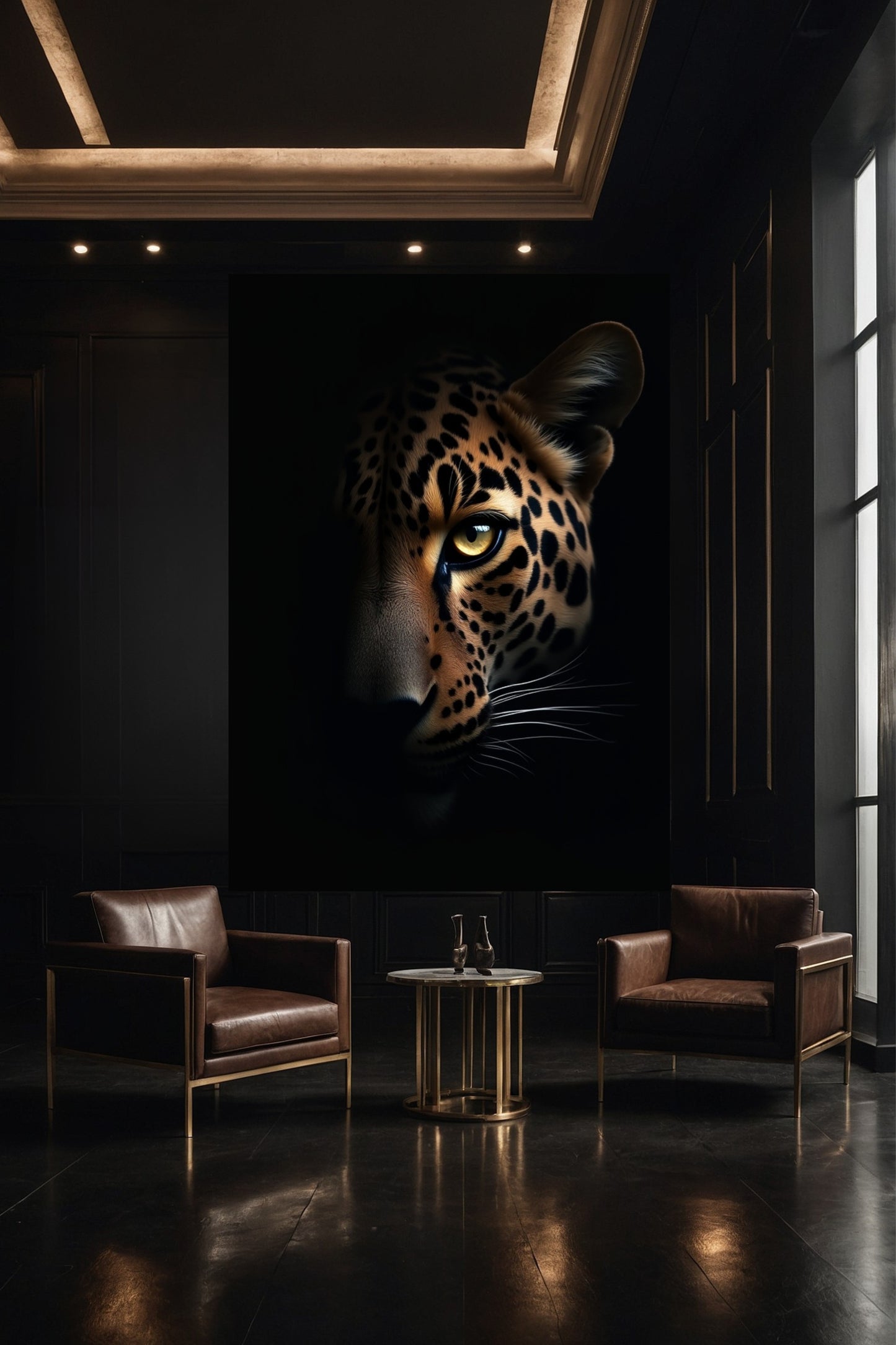 Jaguar Wandkunst als Leinwand 40x60 Zoll in Galerieumgebung mit Fokus auf Licht und Schatten