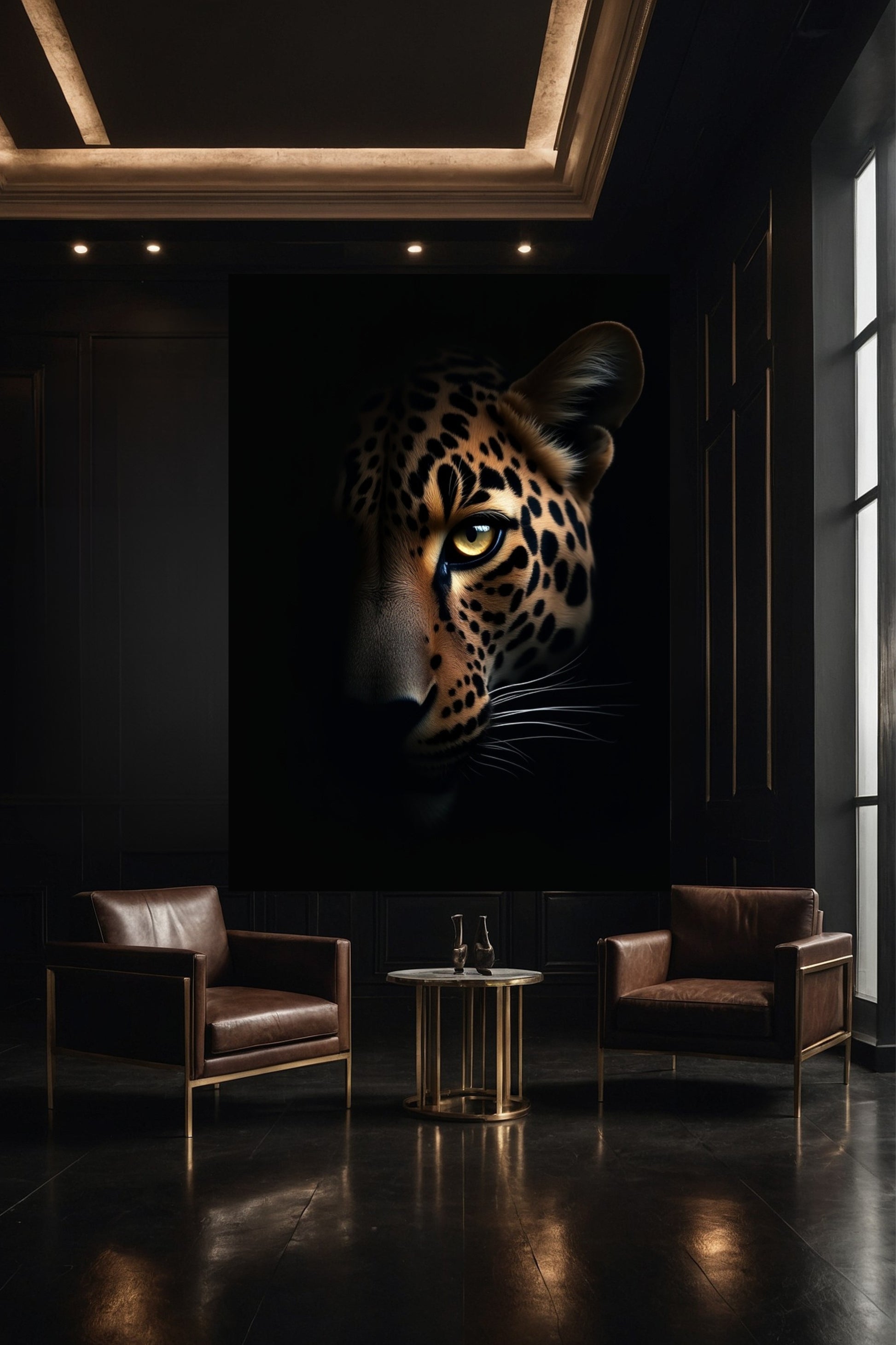 Jaguar Wandkunst als Leinwand 40x60 Zoll in Galerieumgebung mit Fokus auf Licht und Schatten