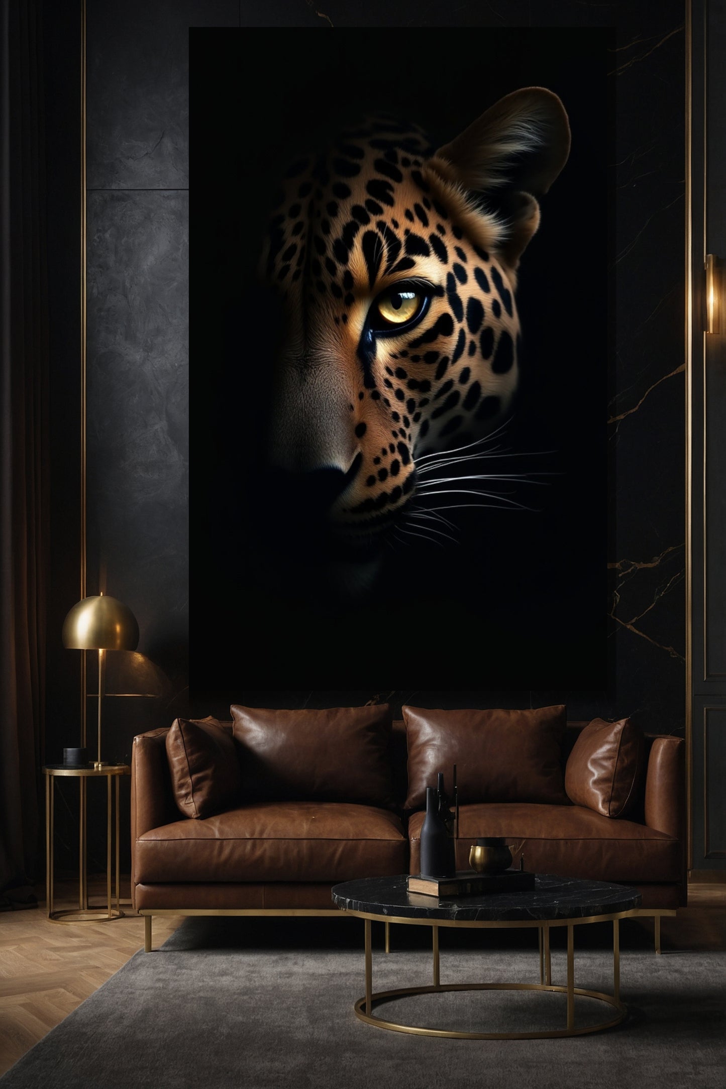 Großformatige Jaguar Leinwand 40x60 Zoll im eleganten Wohnzimmer mit dunkler, moderner Einrichtung und ruhiger Lichtwirkung