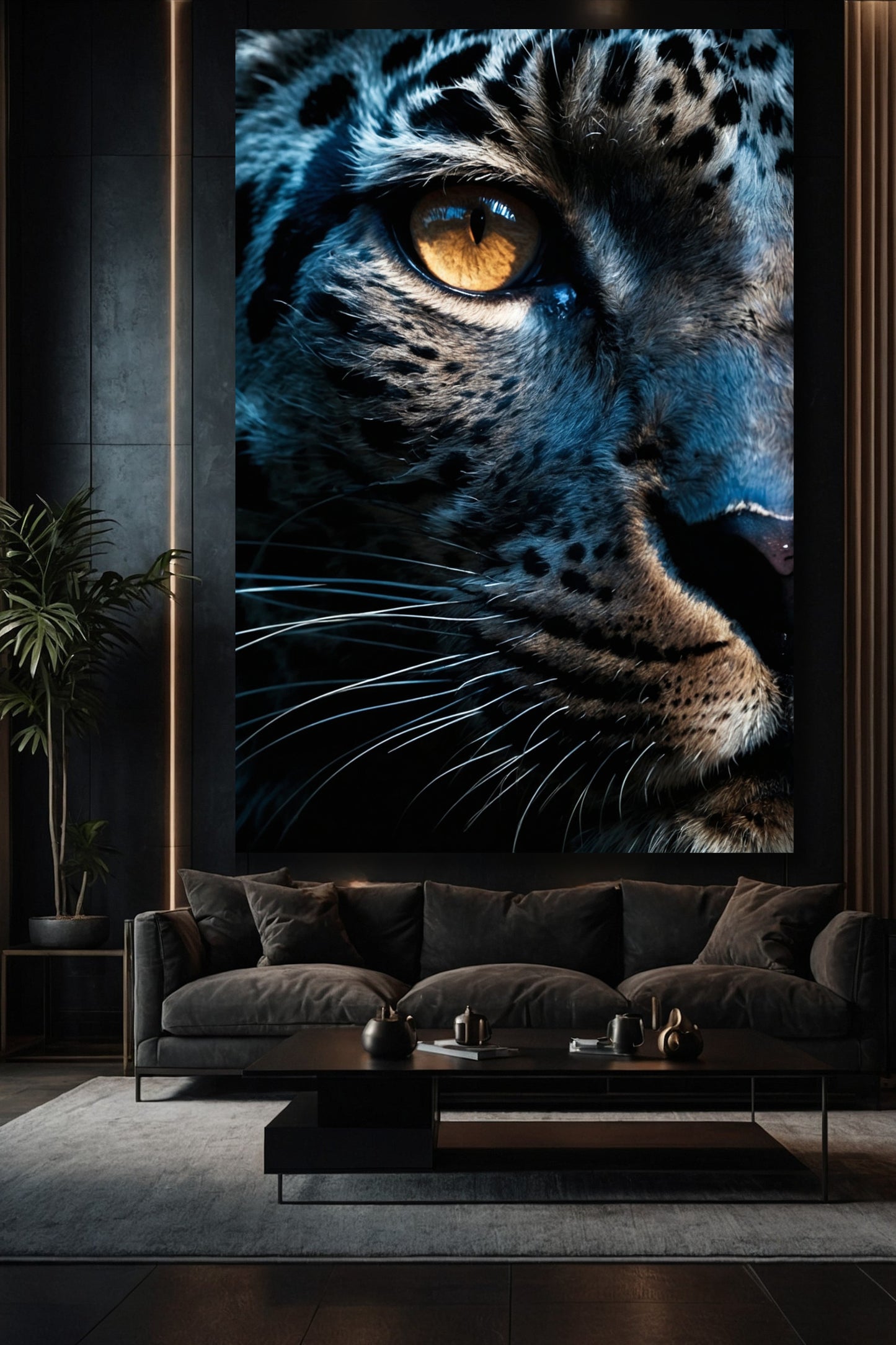Jaguar Nahaufnahme als Leinwand im Format 32x48 Zoll in elegantem Wohnzimmer über einem Sofa mit dunkler Wand und stimmungsvoller Beleuchtung