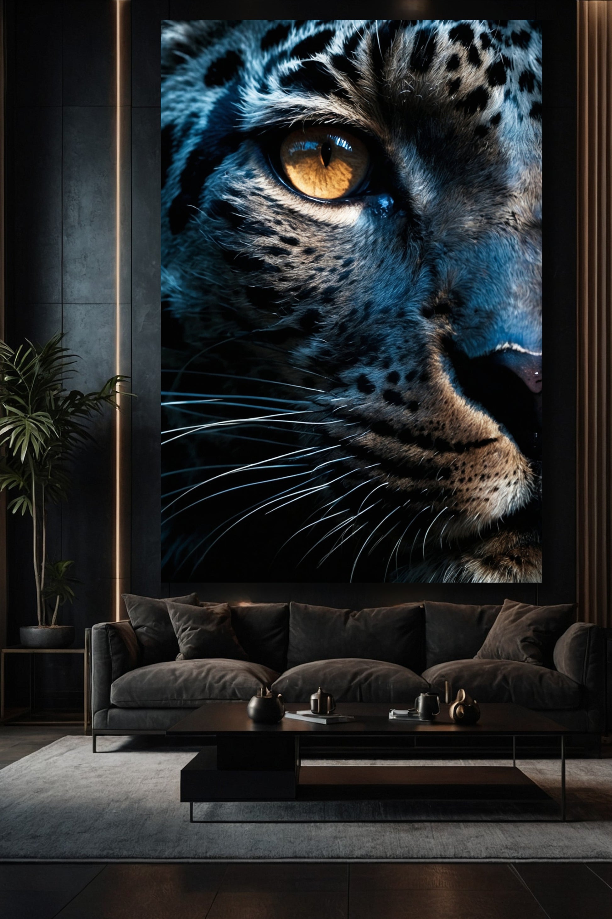 Jaguar Nahaufnahme als Leinwand im Format 32x48 Zoll in elegantem Wohnzimmer über einem Sofa mit dunkler Wand und stimmungsvoller Beleuchtung