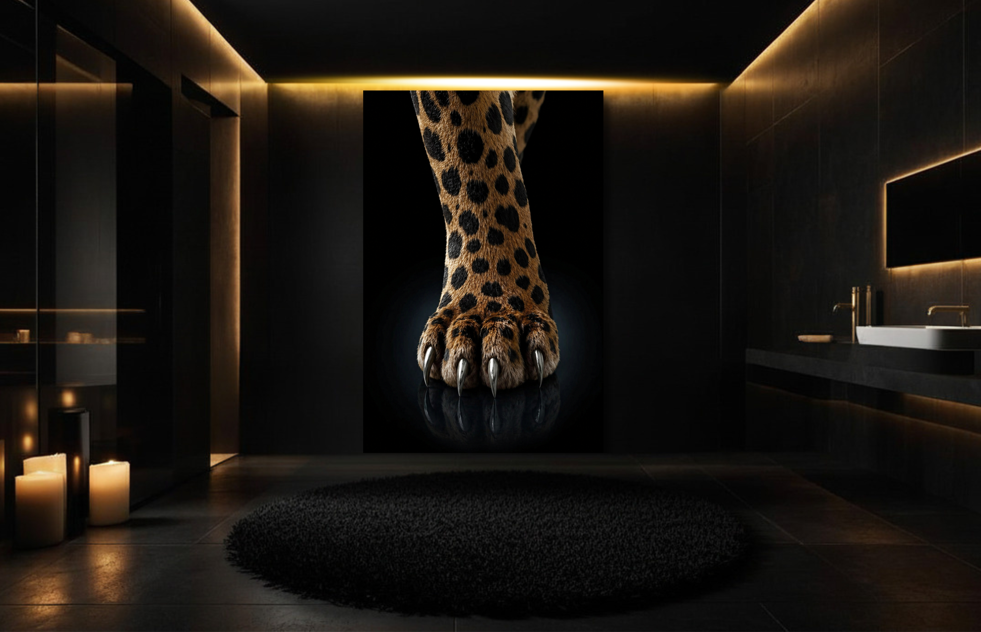 Jaguar Pfote Leinwand als kontraststarkes Kunstwerk in luxuriösem Badezimmer mit dunkler Einrichtung und Kerzenlicht
