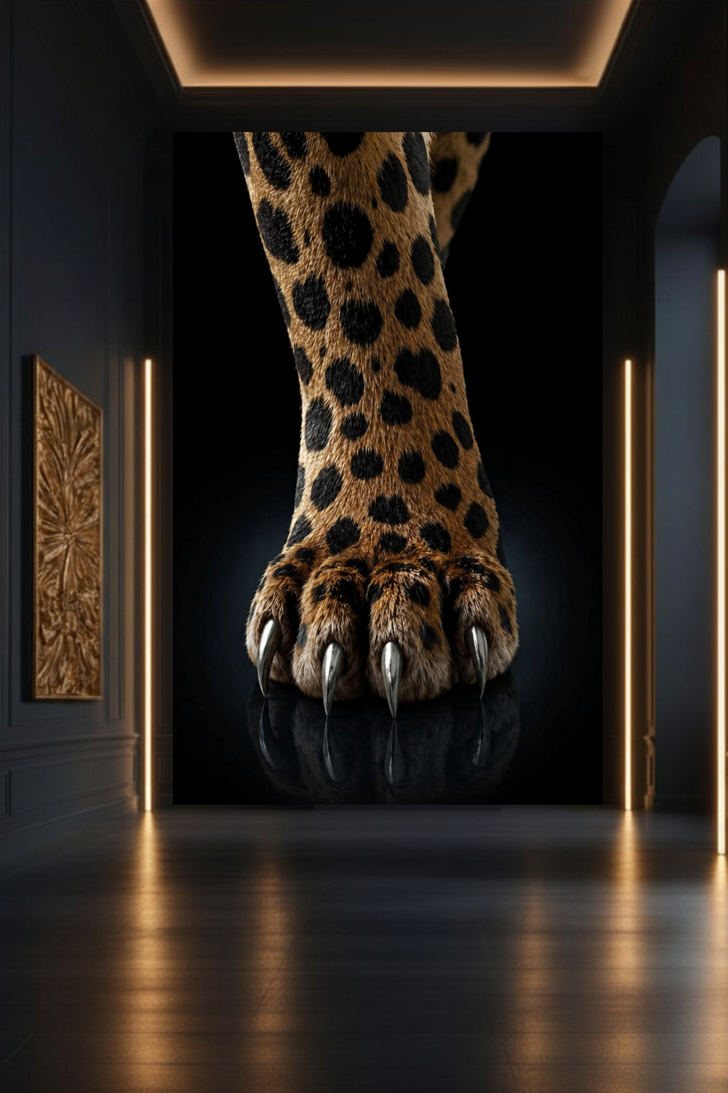 Jaguar Pfoten Motiv in einer eleganten Galerie Umgebung mit Goldakzenten und klarer Lichtführung