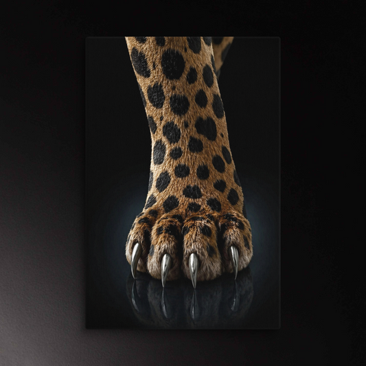 Detailaufnahme einer Jaguar Pfote mit silbern schimmernden Krallen und dezenter Spiegelung auf dunklem Untergrund