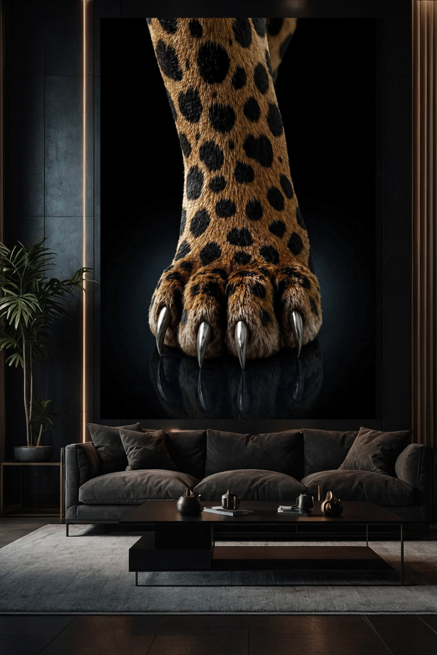 Jaguar Pfote Leinwand mit schimmernden Krallen als Blickfang über einem Sofa in elegantem Wohnzimmer mit dunkler Wand