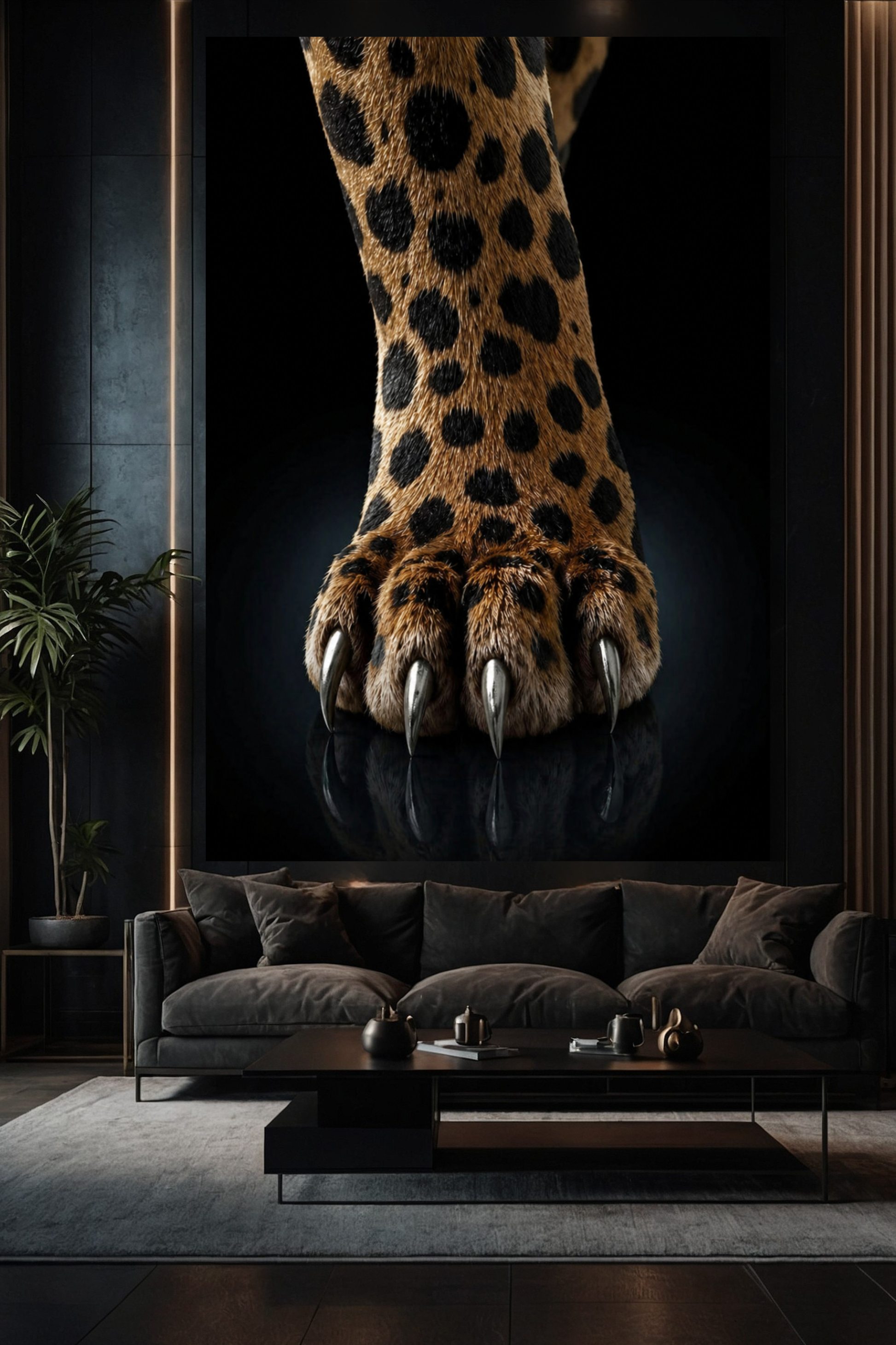 Jaguar Pfote Leinwand mit schimmernden Krallen als Blickfang über einem Sofa in elegantem Wohnzimmer mit dunkler Wand