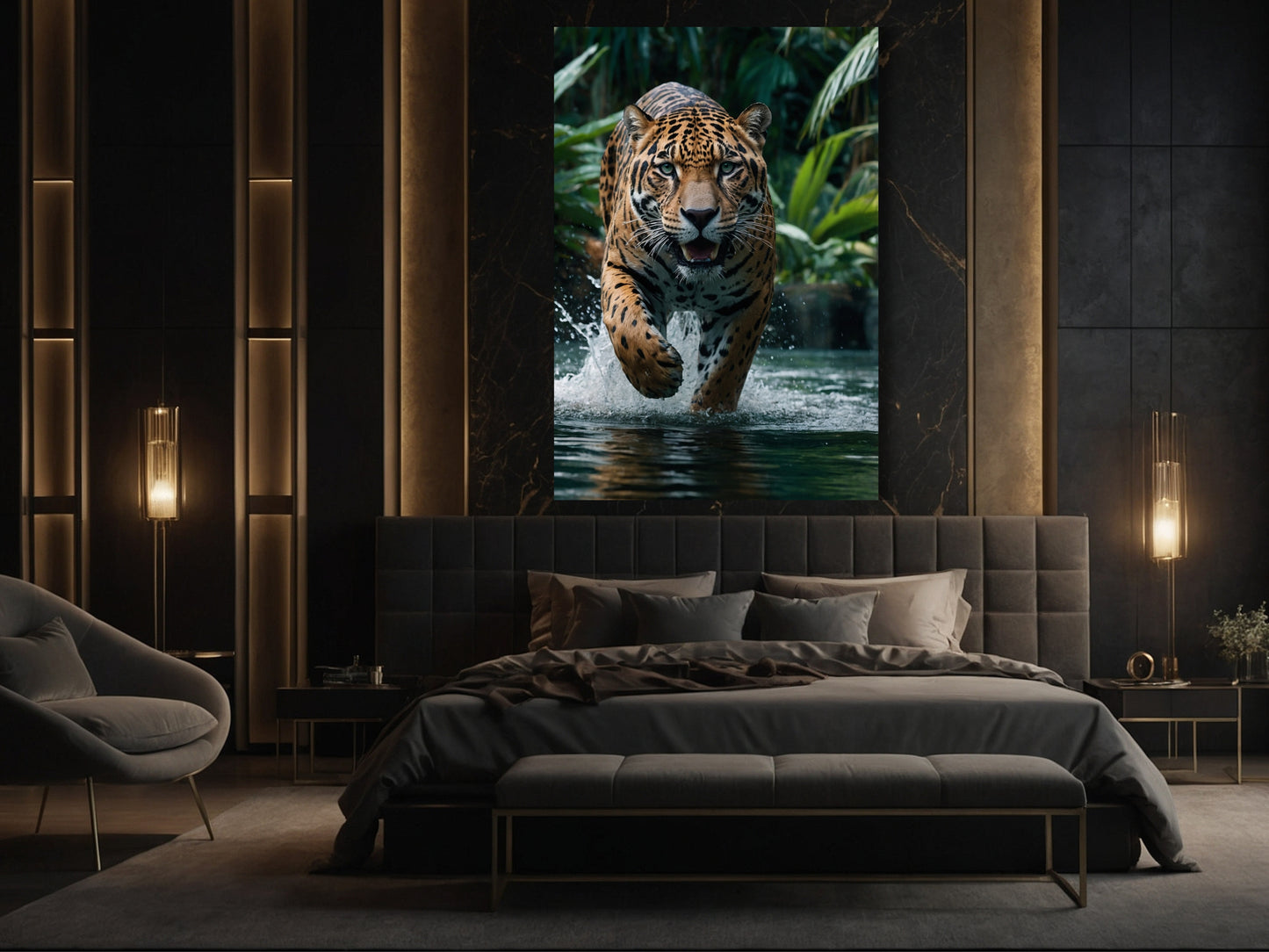 Jaguar rennt durch Wasser im Dschungel als Poster über einem Bett in elegantem Schlafzimmer mit dunklem Interieur und warmem Licht 