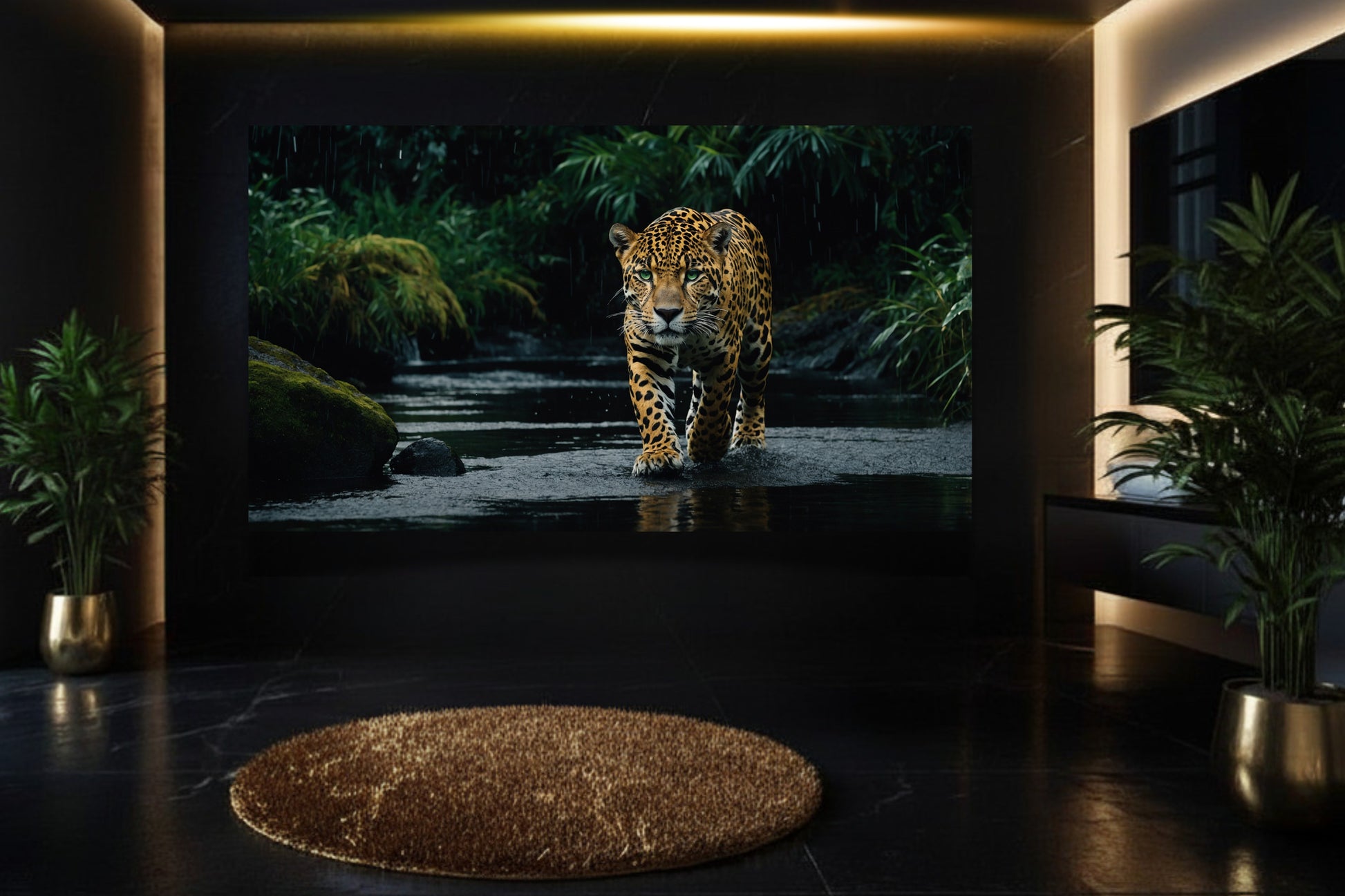 Jaguar mit grünen Augen als Wandkunst in elegantem Badezimmer mit dunklem Interior, Grünpflanzen und warmer Beleuchtung 