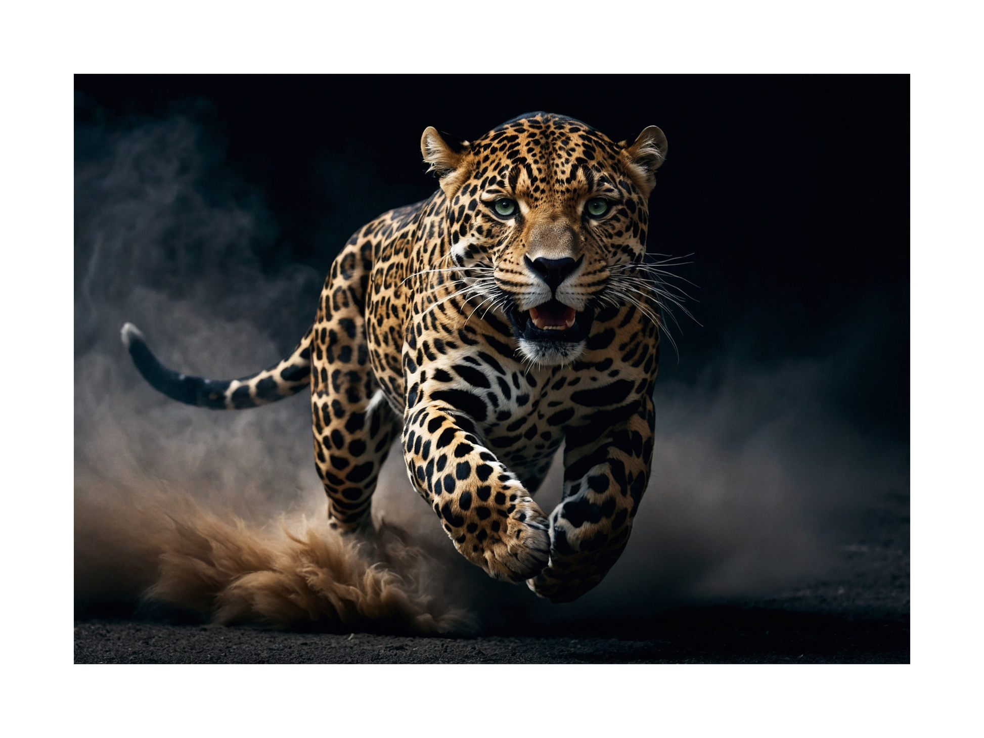 Freigestelltes Jaguar Poster Motiv im Querformat mit intensiv grünen Augen und dynamischer Bewegung, detailreiche Tierdarstellung ohne Hintergrund