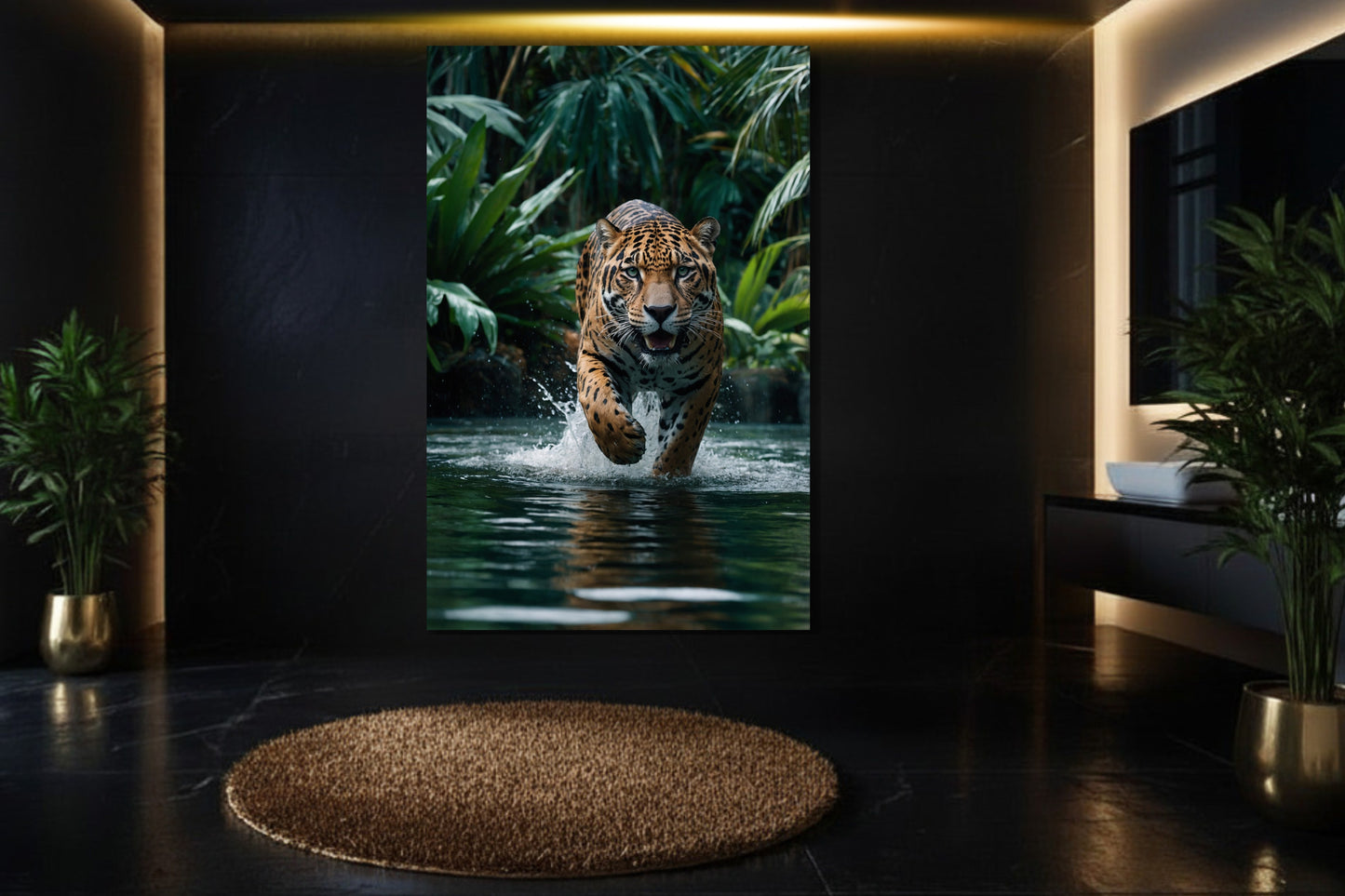 Jaguar im Dschungel läuft durch Wasser als Poster in elegantem Badezimmer mit dunkler Wand, Grünpflanzen und goldfarbenen Akzenten