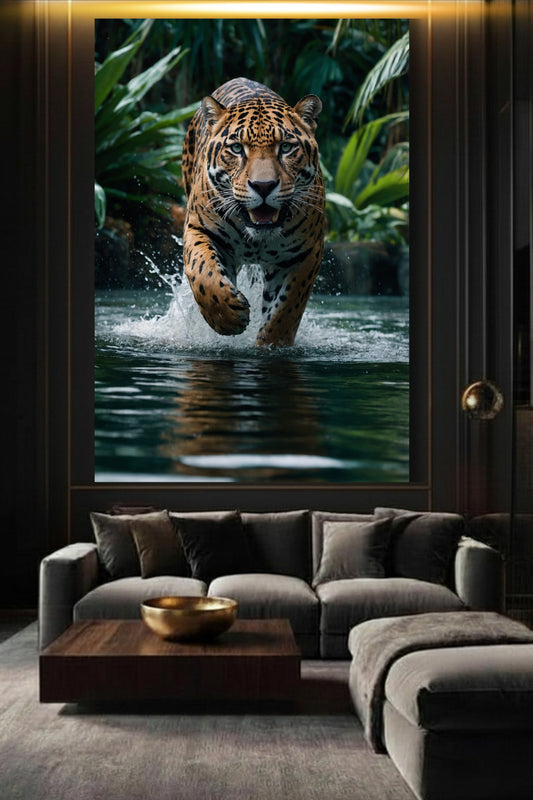 Jaguar im Wasser in Dschungel als Poster über einem Sofa in elegantem Wohnzimmer mit dunkler Wand und warmer Beleuchtung als ausdrucksstarke Wandkunst