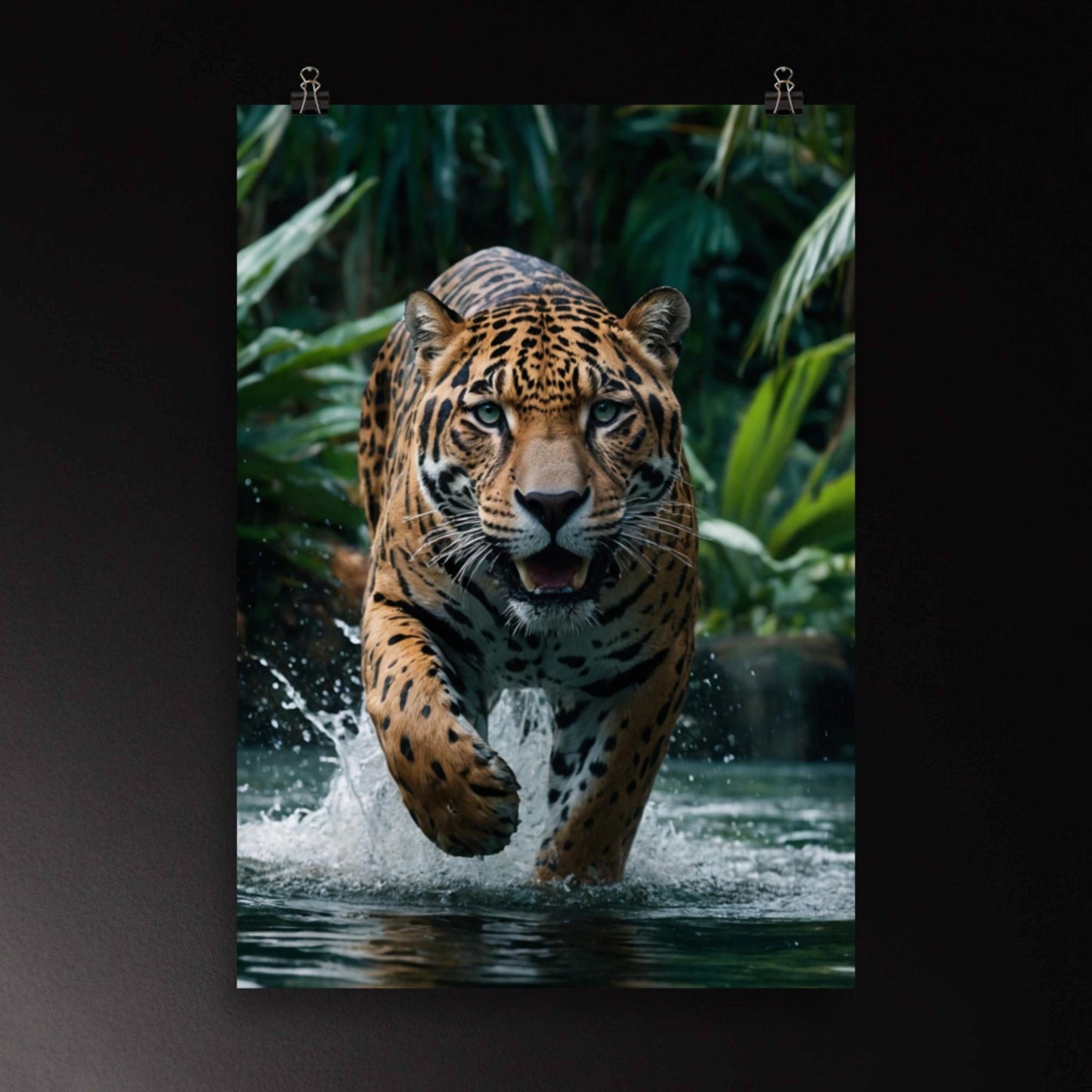 Jaguar im Wasser als Poster mit kraftvoller Bewegung und intensivem Blick im tropischen Dschungel