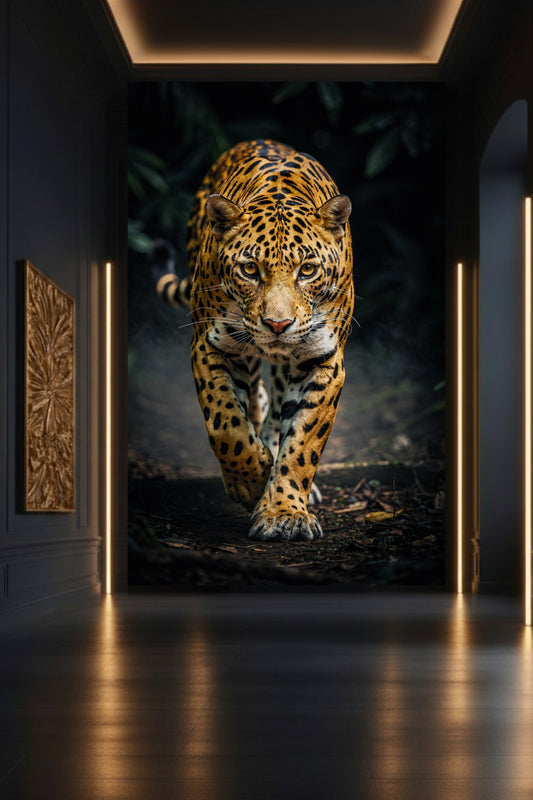 Jaguar im Schattenpfad als Wandkunst auf Leinwand 32x48 Zoll in moderner Galerie mit dunkler Wand und goldenen Lichtakzenten – ausdrucksstarke Tierkunst mit Tiefe.