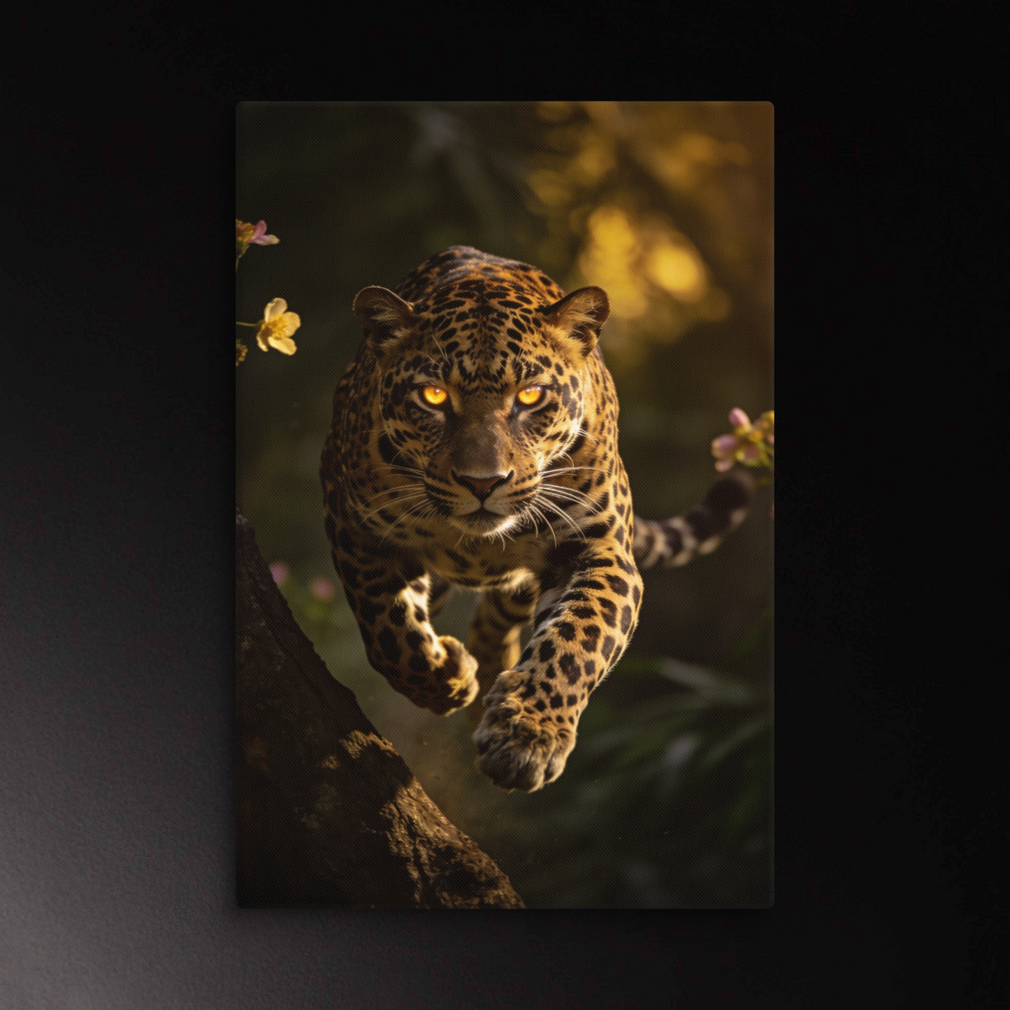 Jaguar im kraftvollen Sprung durch warmes Licht im Dschungel als Wandkunst auf Leinwand mit intensiven Augen
