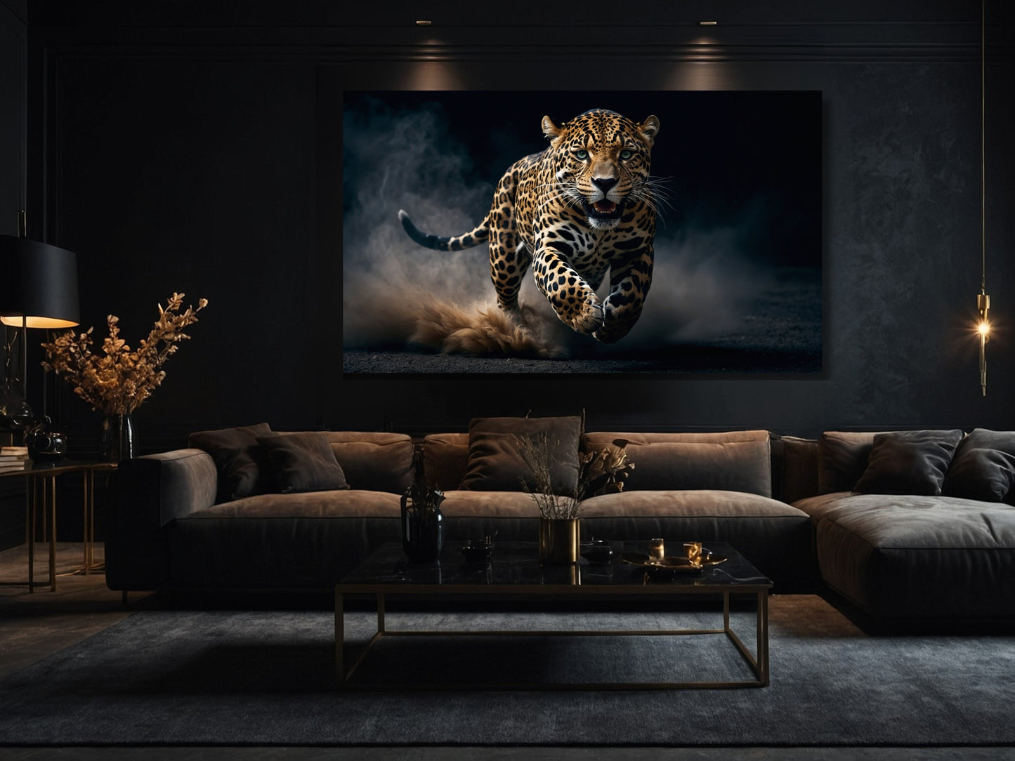 Jaguar Wandbild Poster im Querformat über einem Sofa in einem stilvollen Wohnzimmer mit dunkler Einrichtung und warmer Beleuchtung, dynamische Tierkunst als Blickfang