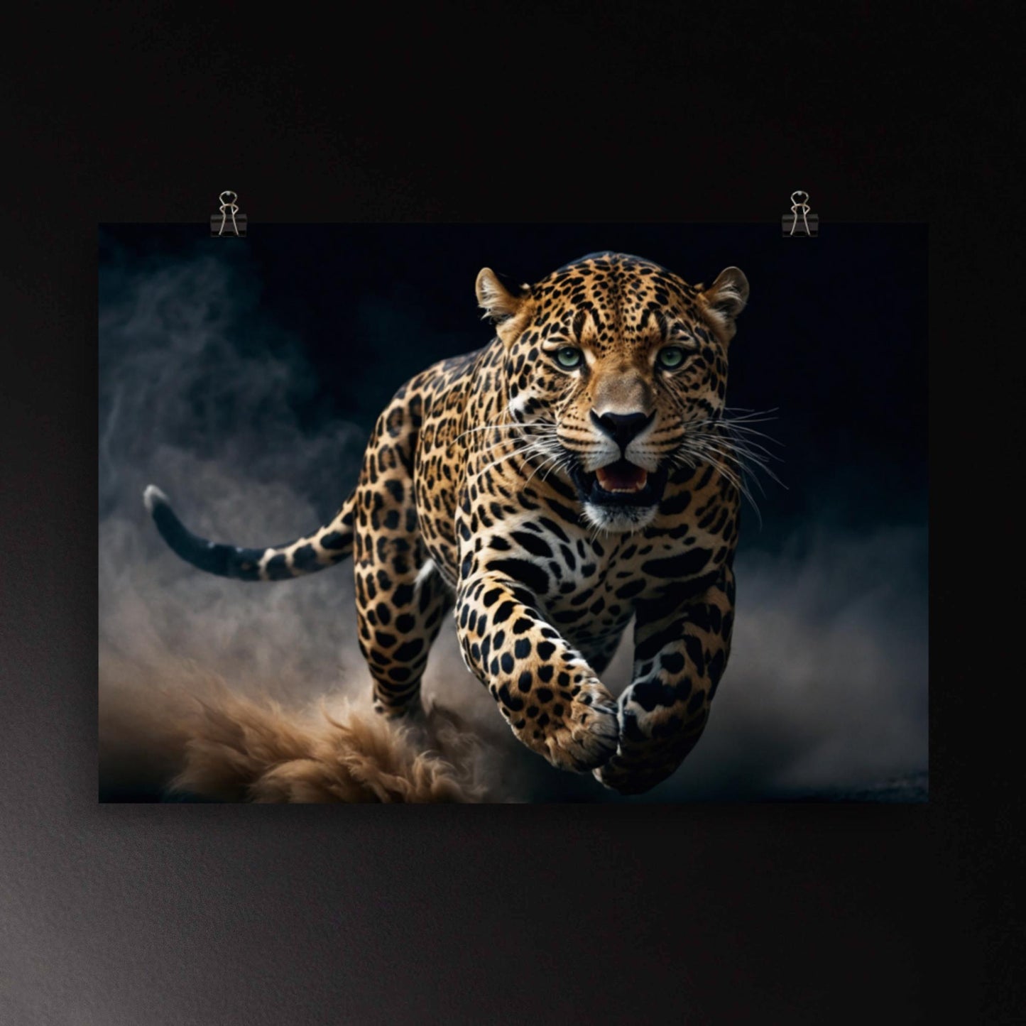 Jaguar Wandbild Poster im Querformat mit intensiv grünen Augen und dynamischer Bewegung, aufgewirbelter Staub und klare Blickführung für moderne Räume