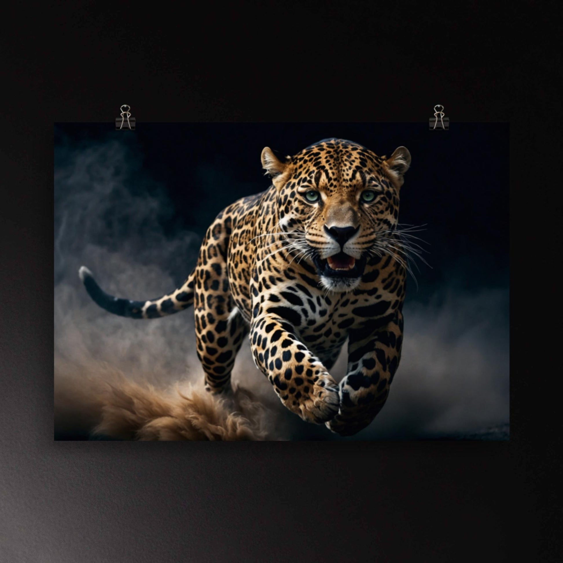 Jaguar Wandbild Poster im Querformat mit intensiv grünen Augen und dynamischer Bewegung, aufgewirbelter Staub und klare Blickführung für moderne Räume