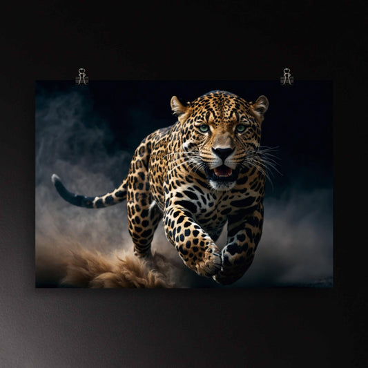 Jaguar Wandbild Poster im Querformat mit intensiv grünen Augen und dynamischer Bewegung, aufgewirbelter Staub und klare Blickführung für moderne Räume