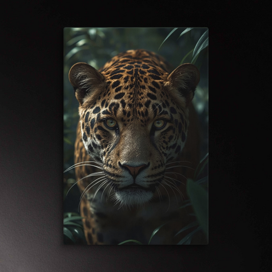 Jaguar Leinwand mit direktem Blick im dichten Dschungel und intensiver Nähe