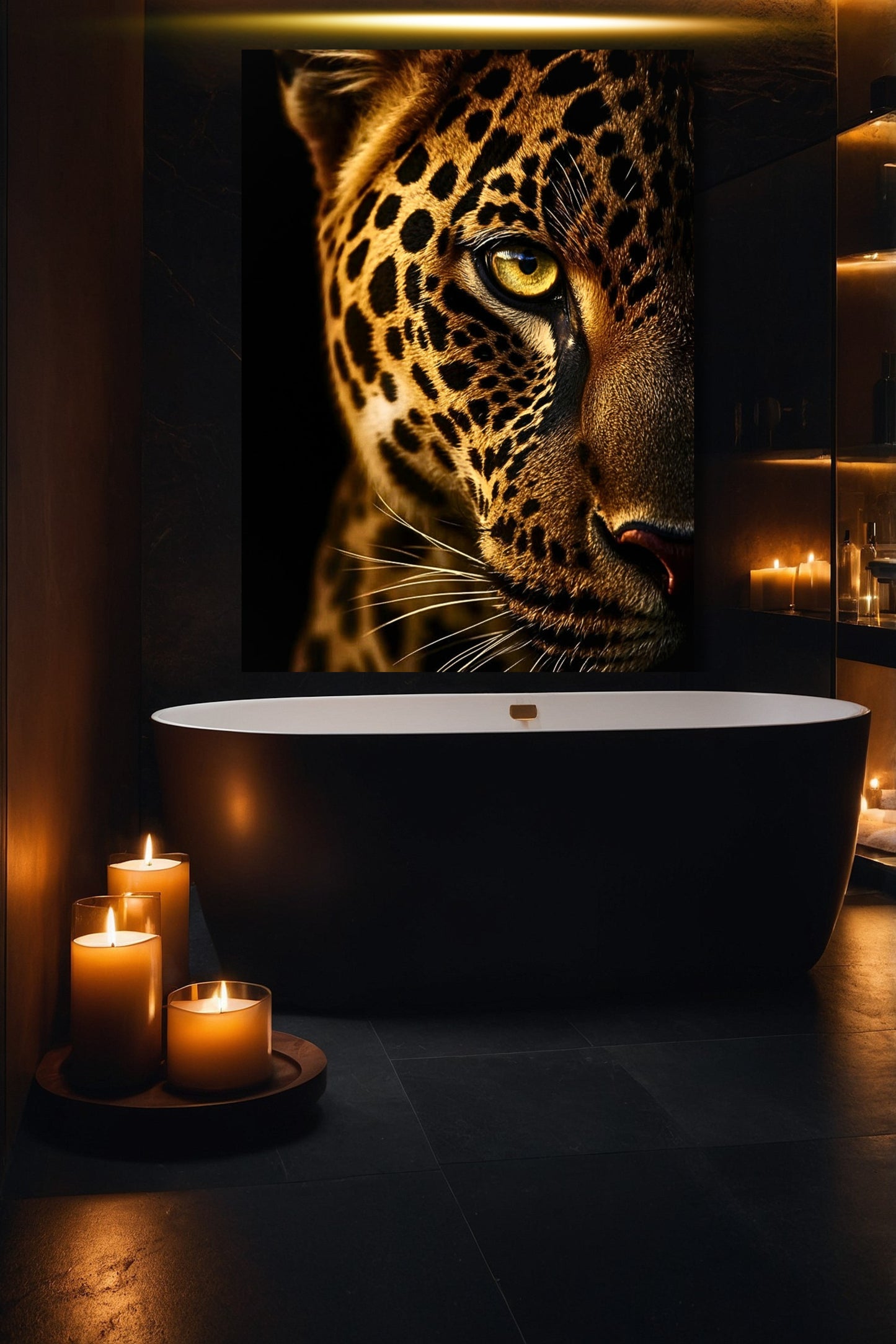 Jaguar Leinwand 40x60 im luxuriösen Badezimmer mit Kerzenlicht und stiller Intensität im Motiv