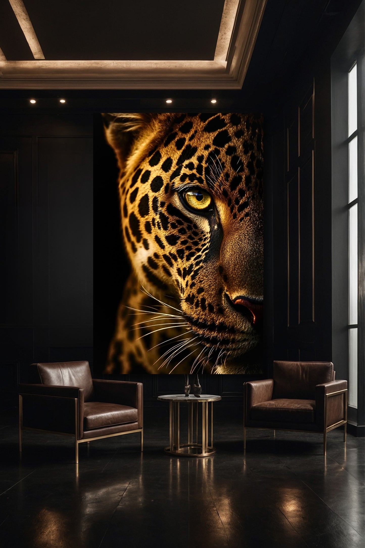 Großformatige Jaguar Wandkunst Leinwand 40x60 in moderner Galerie mit stiller Intensität und Lichtfokus