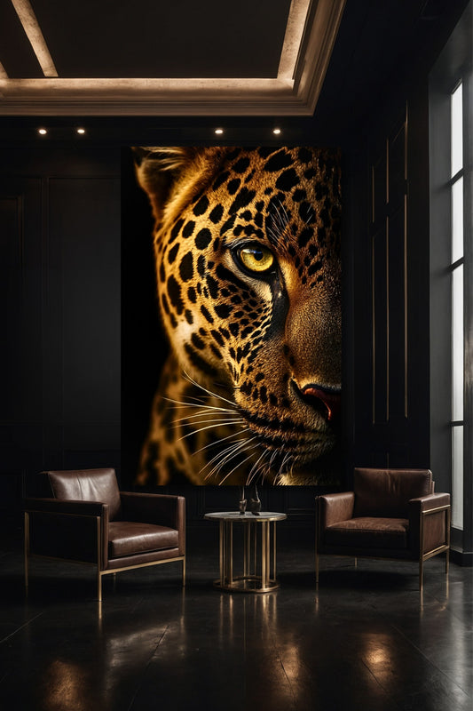 Großformatige Jaguar Wandkunst Leinwand 40x60 in moderner Galerie mit stiller Intensität und Lichtfokus