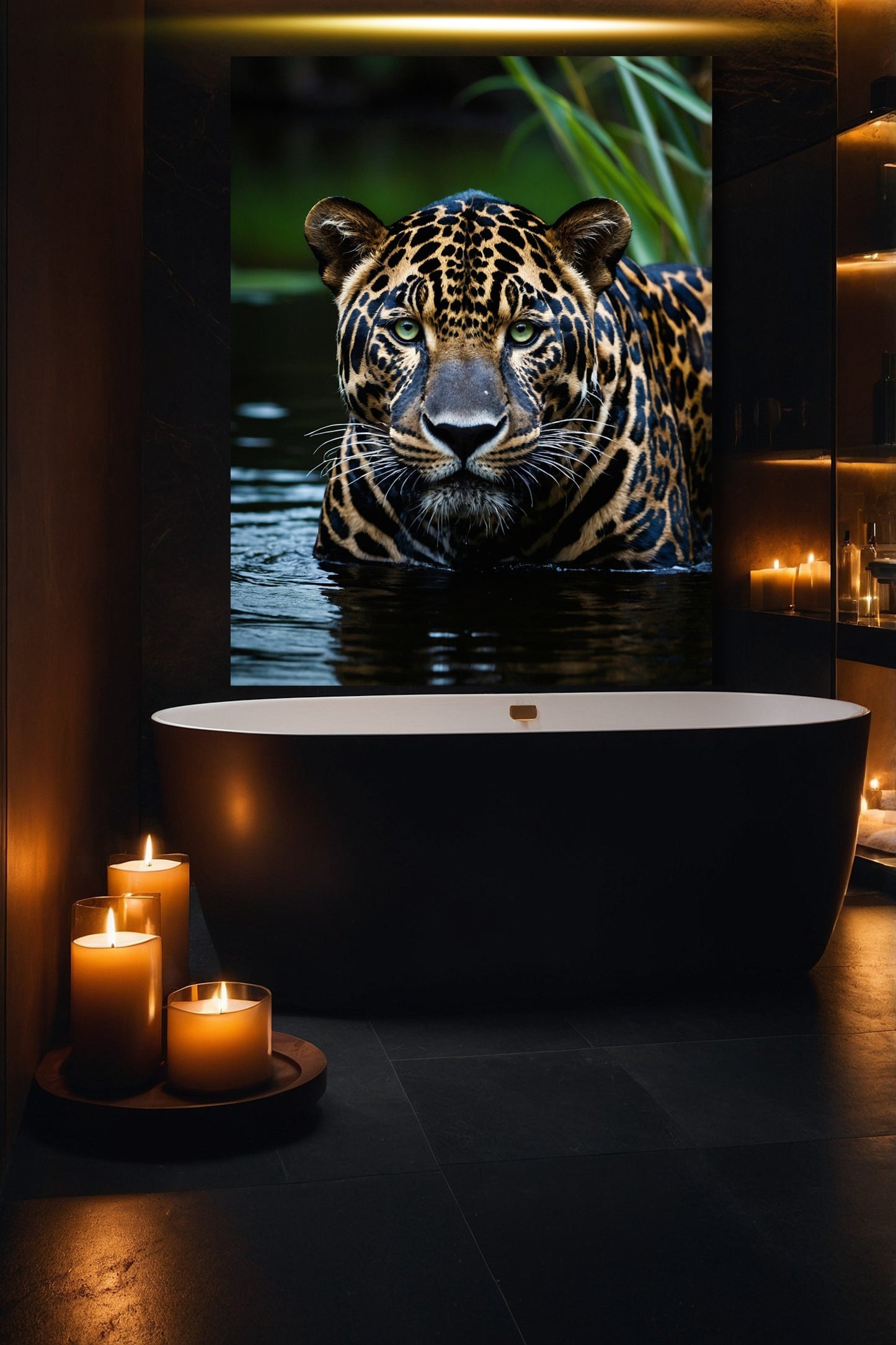 Jaguar Wandkunst auf Leinwand 40x60 Zoll im Badezimmer, stilvolle Wanddekoration mit ruhiger Ausstrahlung und Spiegelungseffekt

