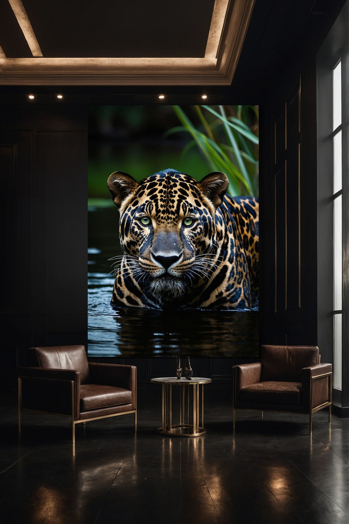 Jaguar Wandkunst Leinwand 40x60 Zoll in moderner Galerie, hochwertiges Tiermotiv mit klarer Bildwirkung und ruhiger Wasserreflexion