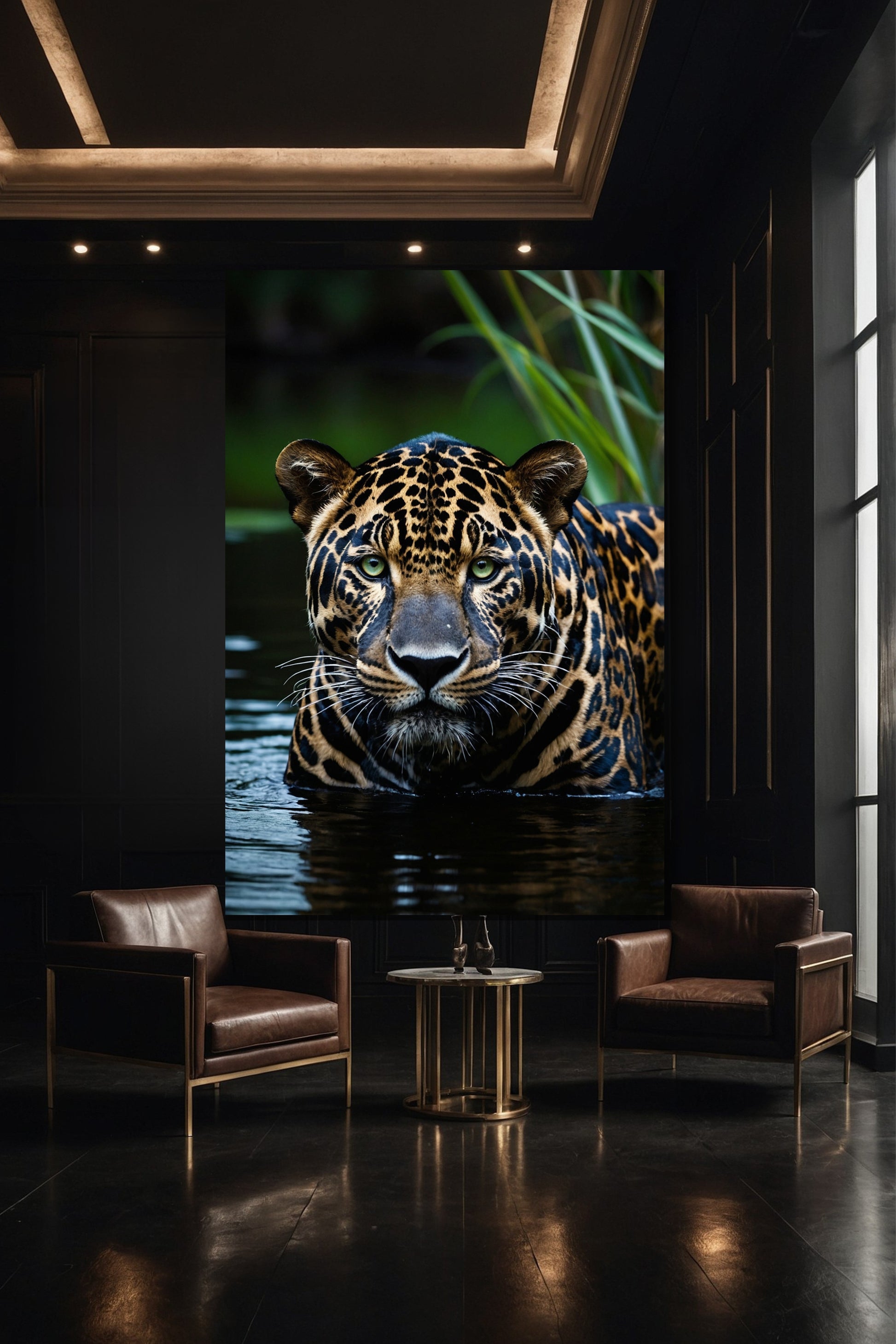 Jaguar Wandkunst Leinwand 40x60 Zoll in moderner Galerie, hochwertiges Tiermotiv mit klarer Bildwirkung und ruhiger Wasserreflexion