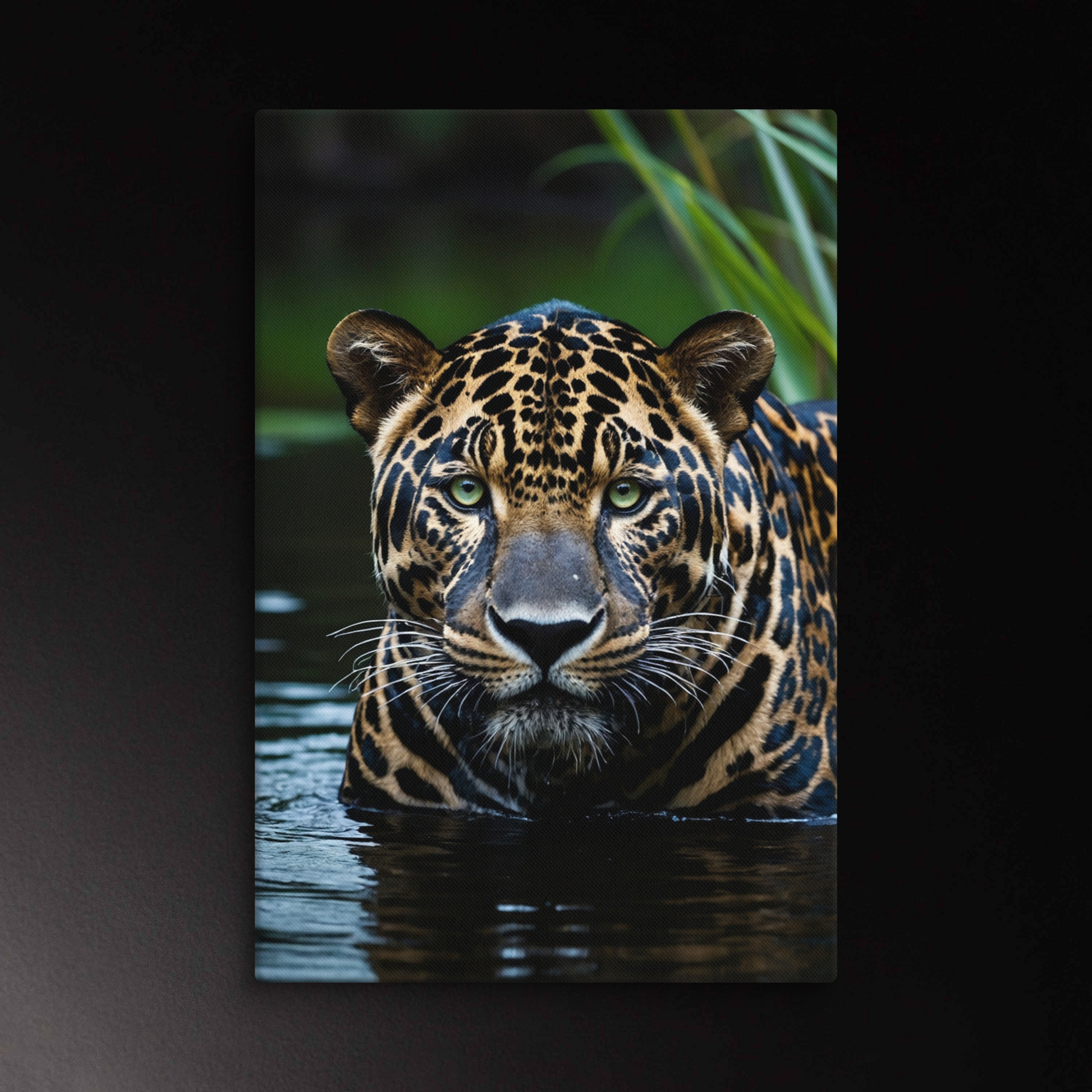Majestätische Jaguar Wandkunst auf Leinwand im Format 40x60 Zoll, intensiver Blick, ruhige Spiegelung und ausdrucksstarkes Tierportrait