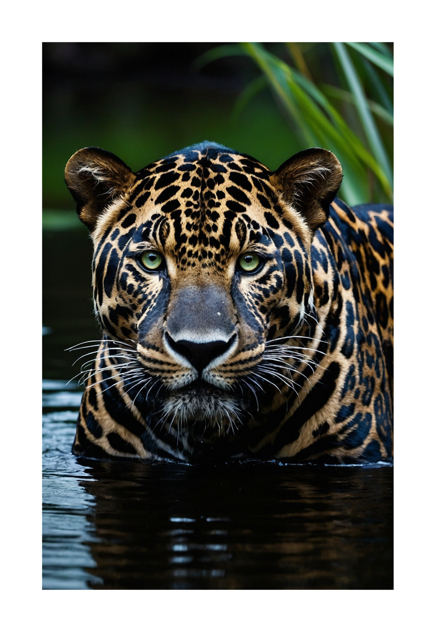 Freigestellte Jaguar Wandkunst Leinwand 40x60 Zoll, detailreiches Tierportrait mit ruhiger Spiegelung ohne Hintergrund