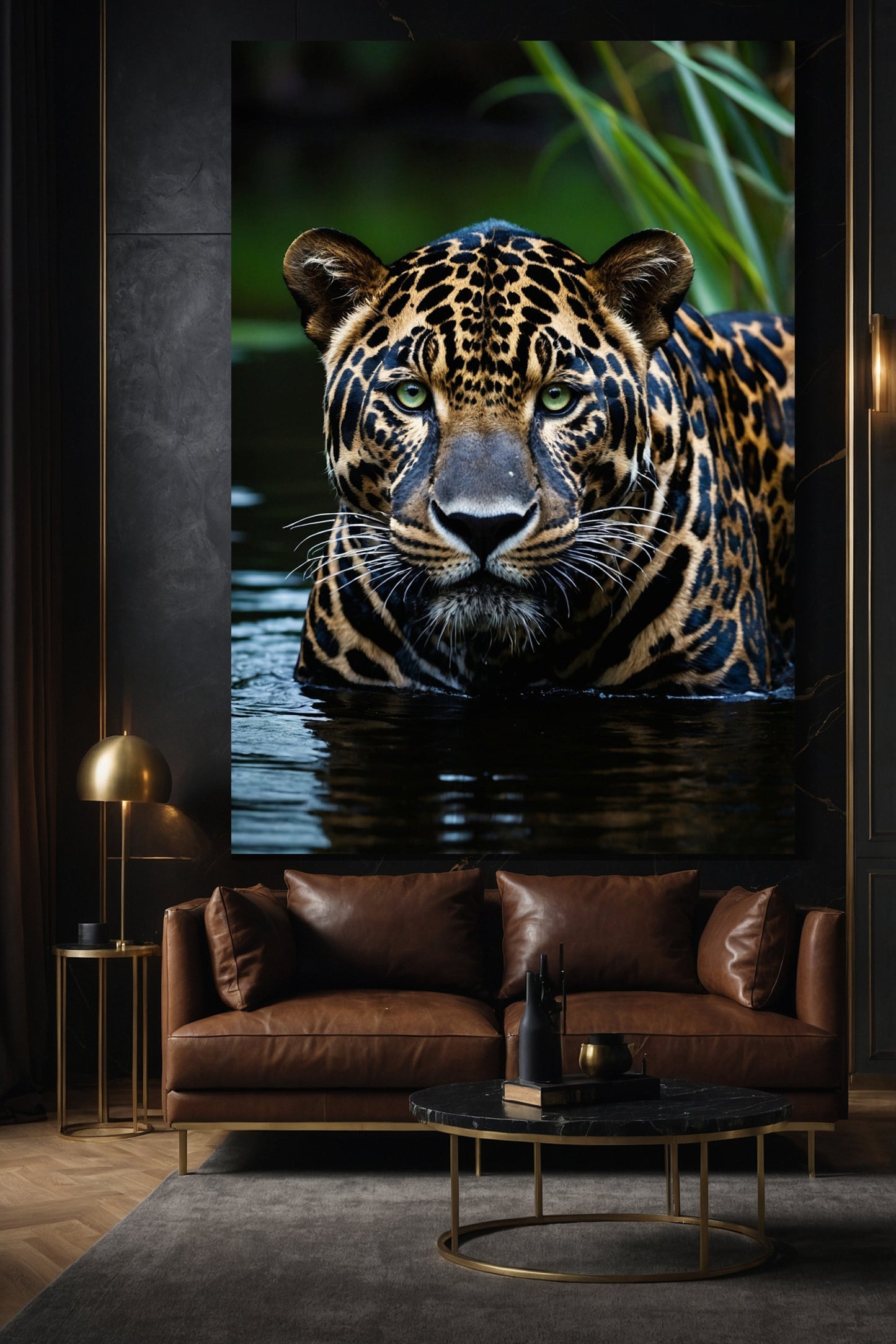 Jaguar Wandkunst auf Leinwand 40x60 Zoll im Wohnzimmer, elegantes Wandbild über braunem Ledersofa mit ruhiger Spiegelung und starker Präsenz