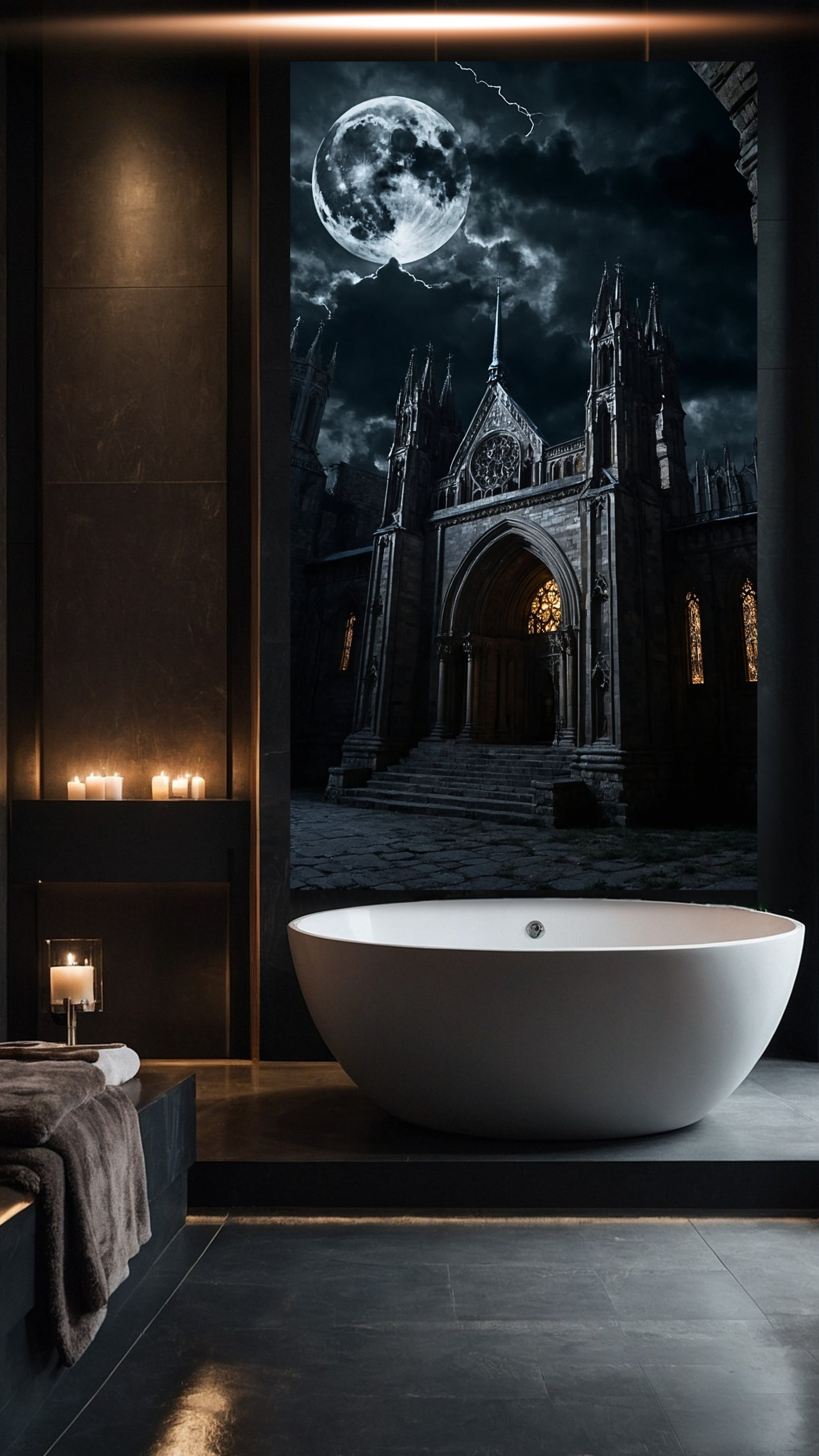 Dark Fantasy Kathedrale der Schatten Wandkunst Leinwand im Format 40x60 Zoll im eleganten Badezimmer