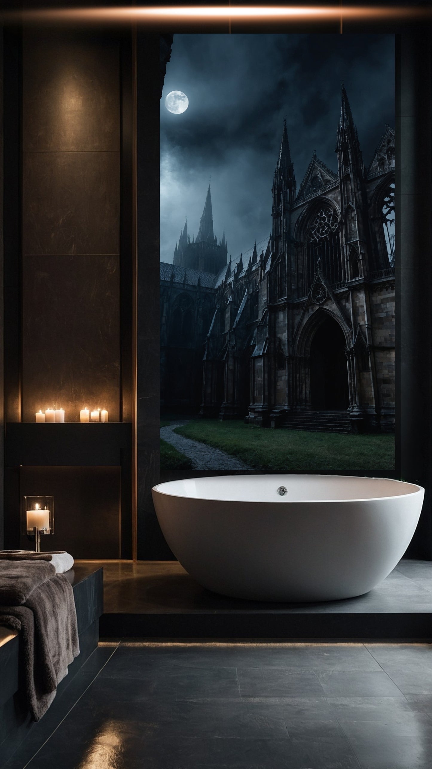 Kathedrale bei Mondlicht als großes Wandbild über einer eleganten Badewanne in einem luxuriösen Badezimmer mit Kerzenlicht und dunkler, ruhiger Atmosphäre