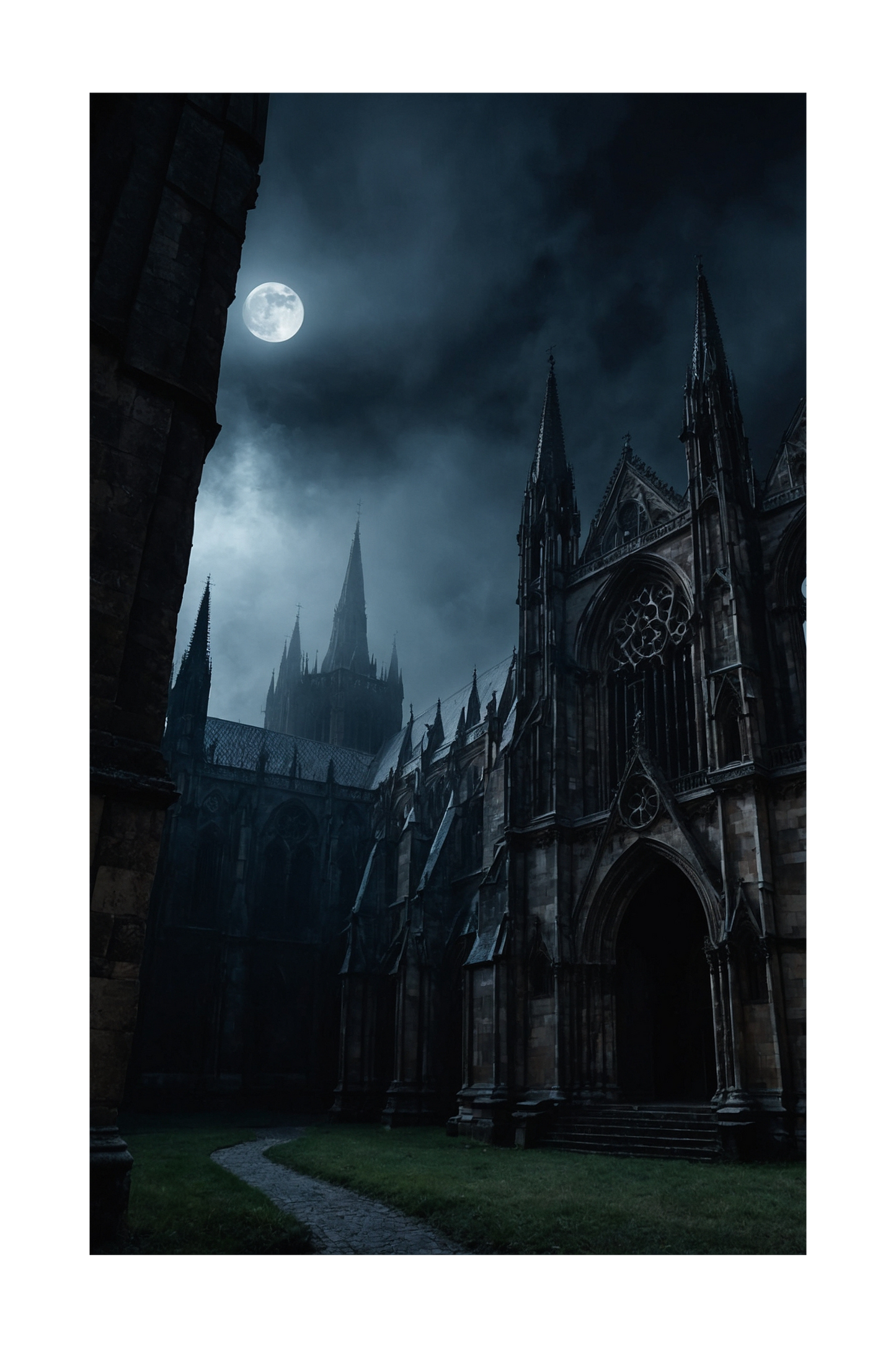 Kathedrale bei Nacht mit Vollmond und dramatischem Himmel als freigestelltes Kunstmotiv für ein großes Wandbild